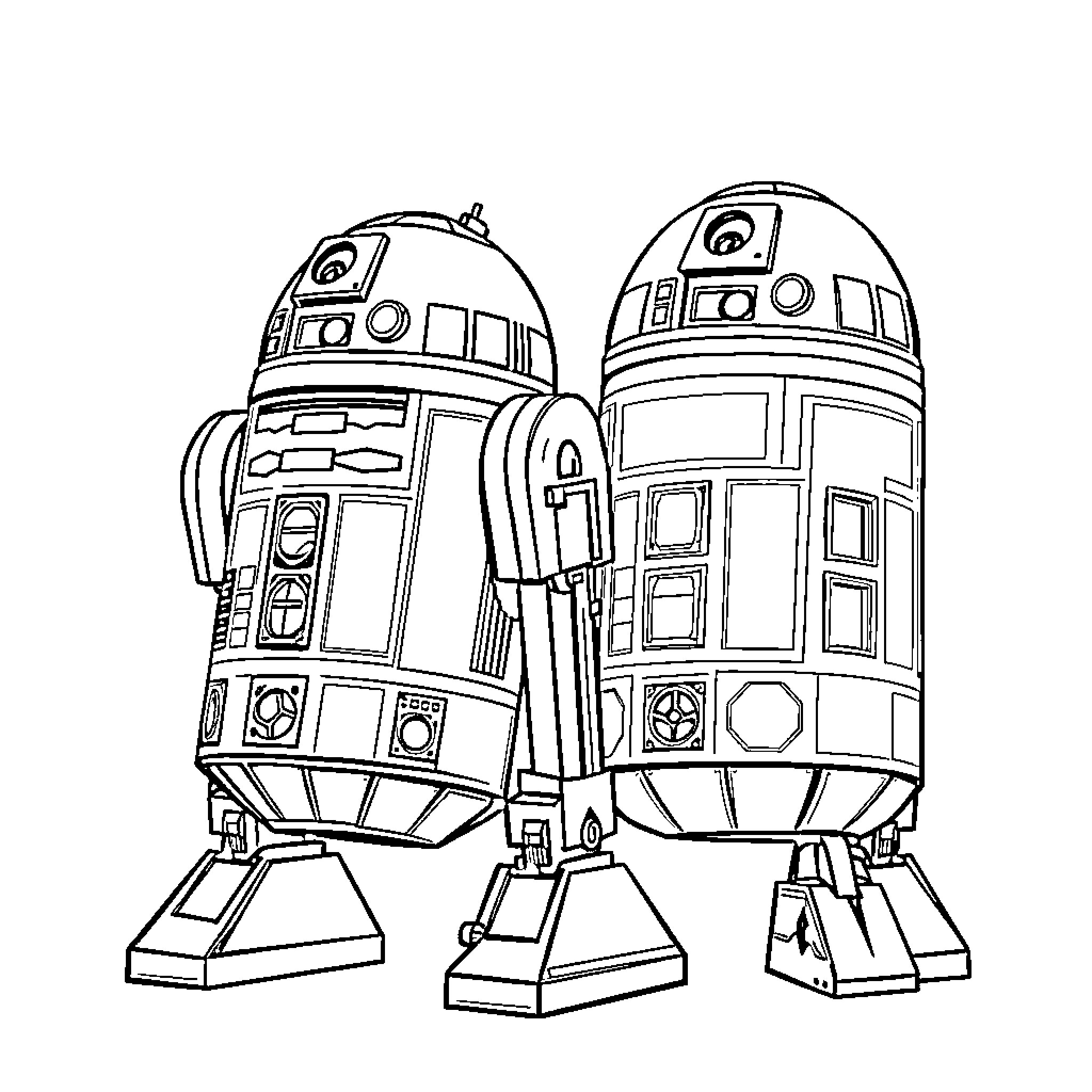 R2-D2 droids on a mission Coloring Page (free black-and-white line drawing printable PDF for all, from beginners to advanced learners, including children, teens, adults, and seniors)