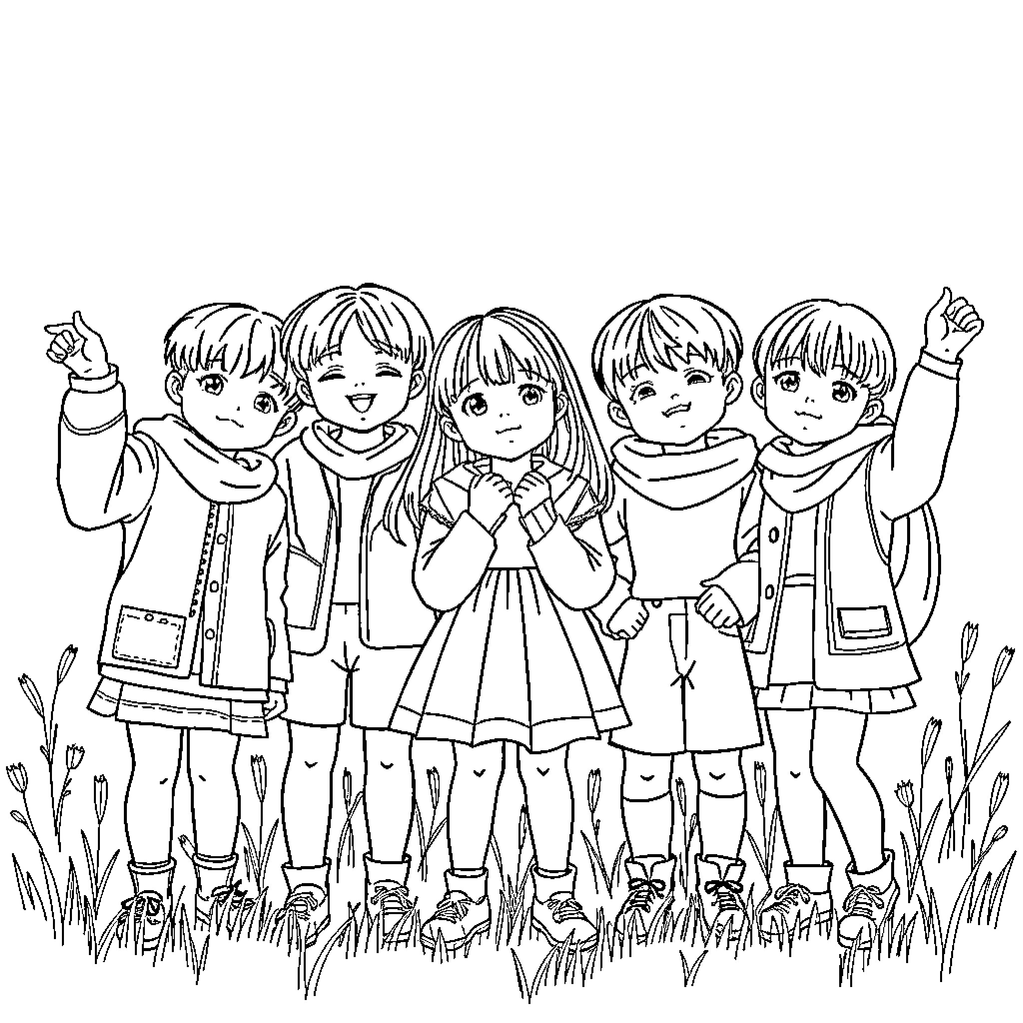 Kpop Idols Posing Together Playfully Coloring Page (free black-and-white line drawing printable PDF for all, from beginners to advanced learners, including children, teens, adults, and seniors)