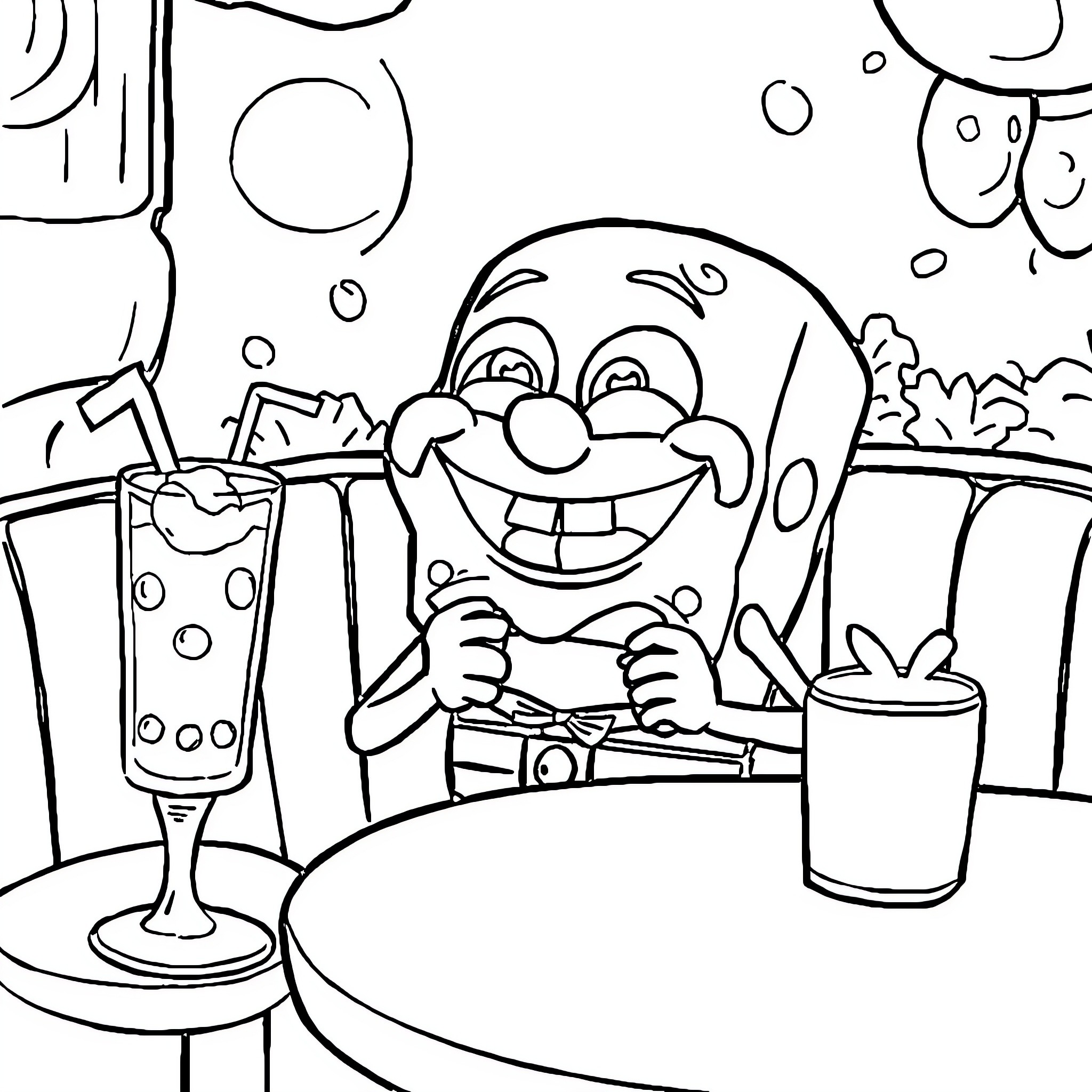 Bob esponja enjoying drinks at the beach Coloring Page (free black-and-white line drawing printable PDF for all, from beginners to advanced learners, including children, teens, adults, and seniors)