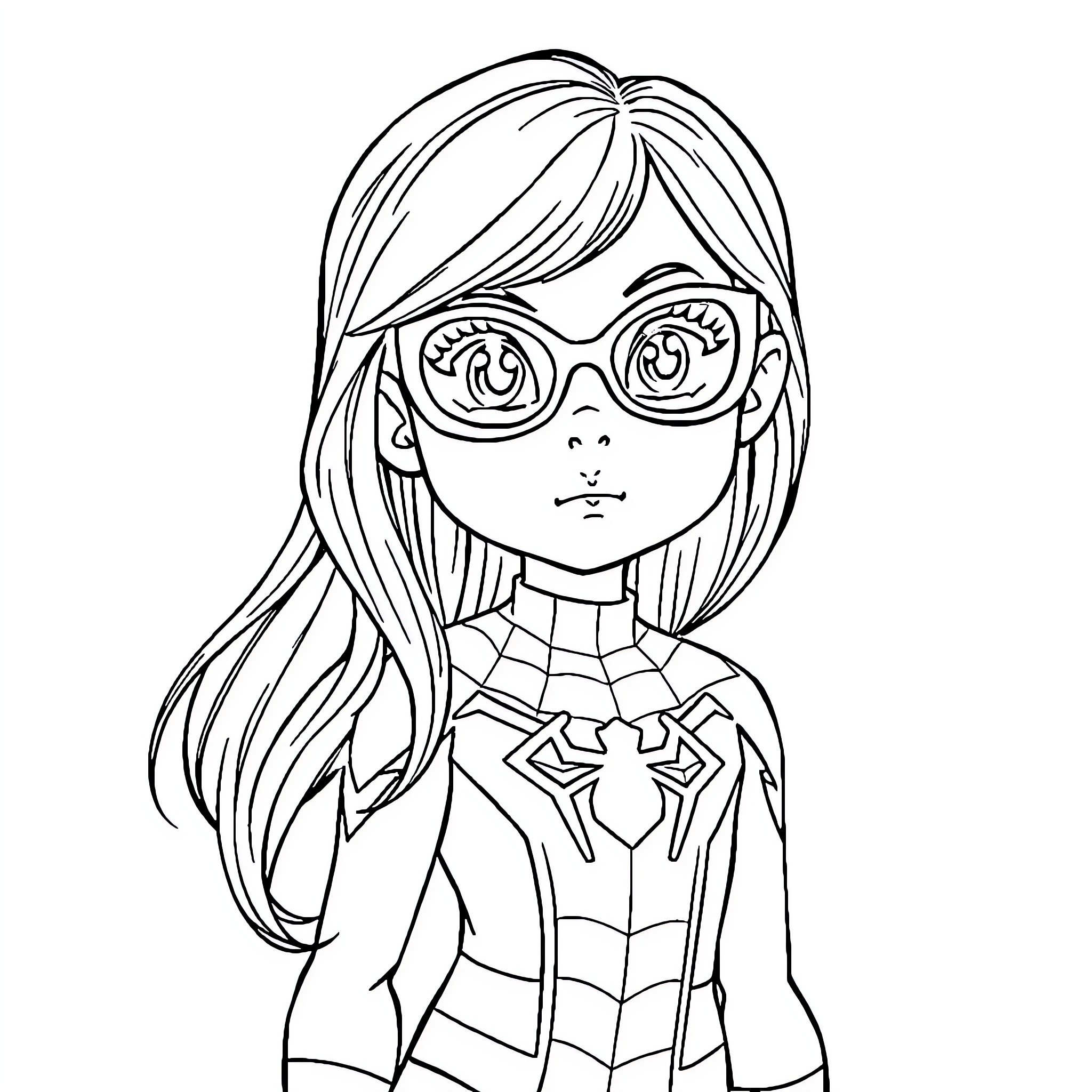 Spider-Man inspired girl in costume Coloring Page (free black-and-white line drawing printable PDF for all, from beginners to advanced learners, including children, teens, adults, and seniors)