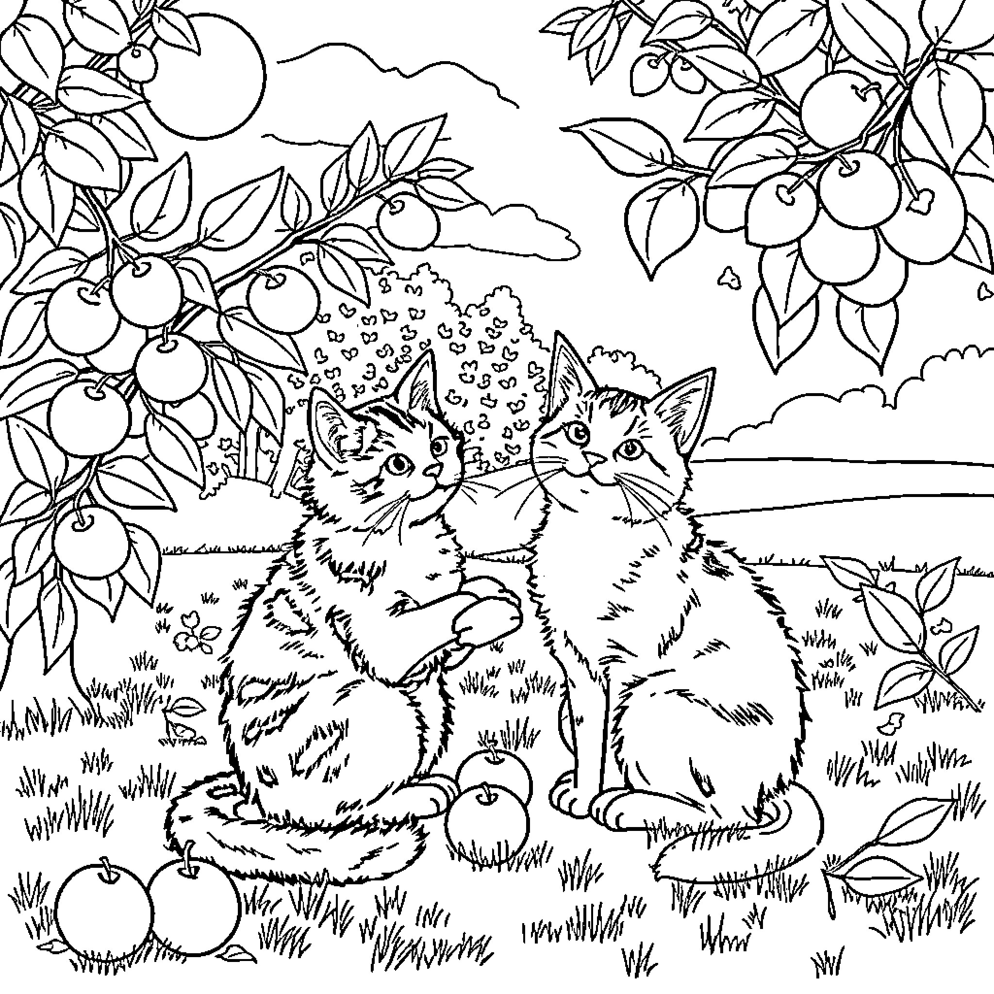 Cats exploring a nature scene Coloring Page (free black-and-white line drawing printable PDF for all, from beginners to advanced learners, including children, teens, adults, and seniors)