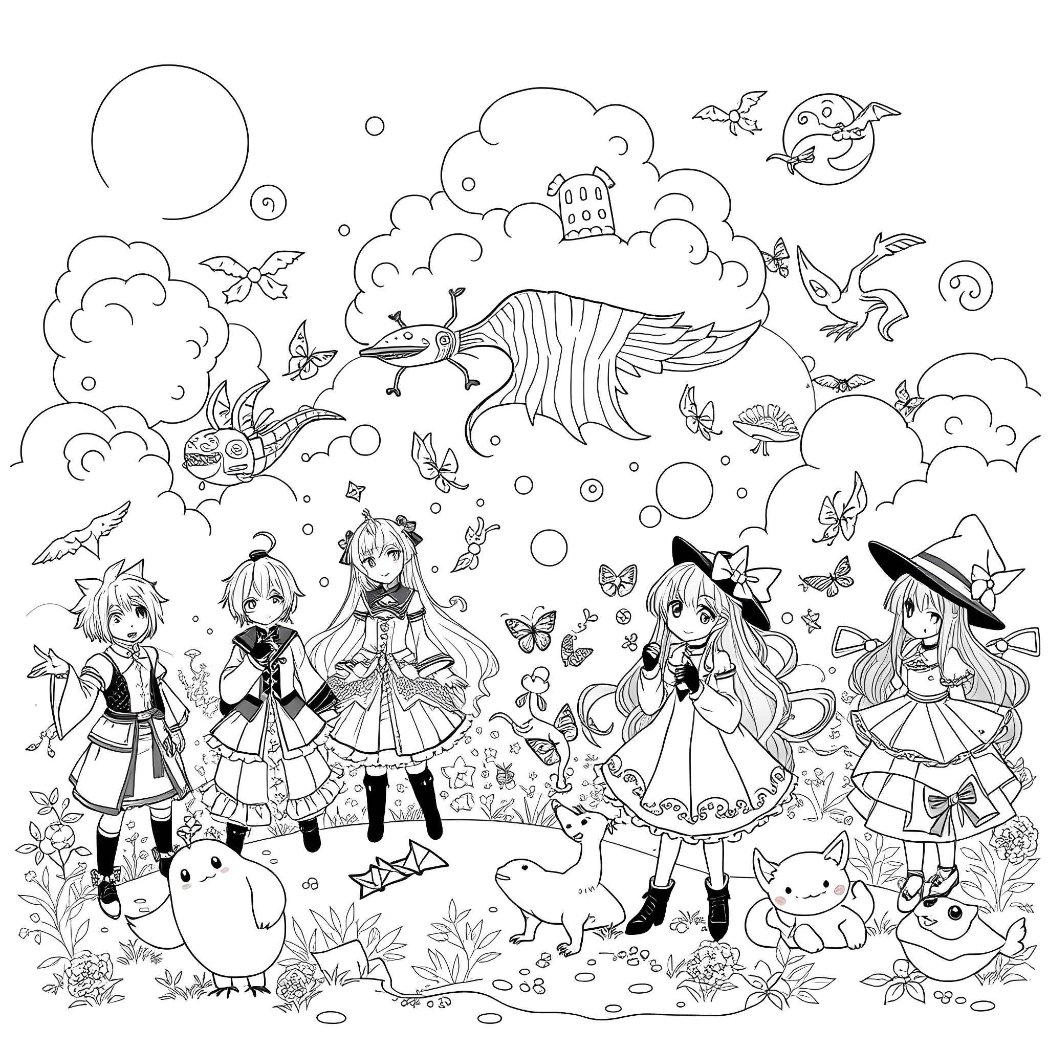 Anime Girls Exploring a Whimsical Fantasy World Coloring Page (free black-and-white line drawing printable PDF for all, from beginners to advanced learners, including children, teens, adults, and seniors)