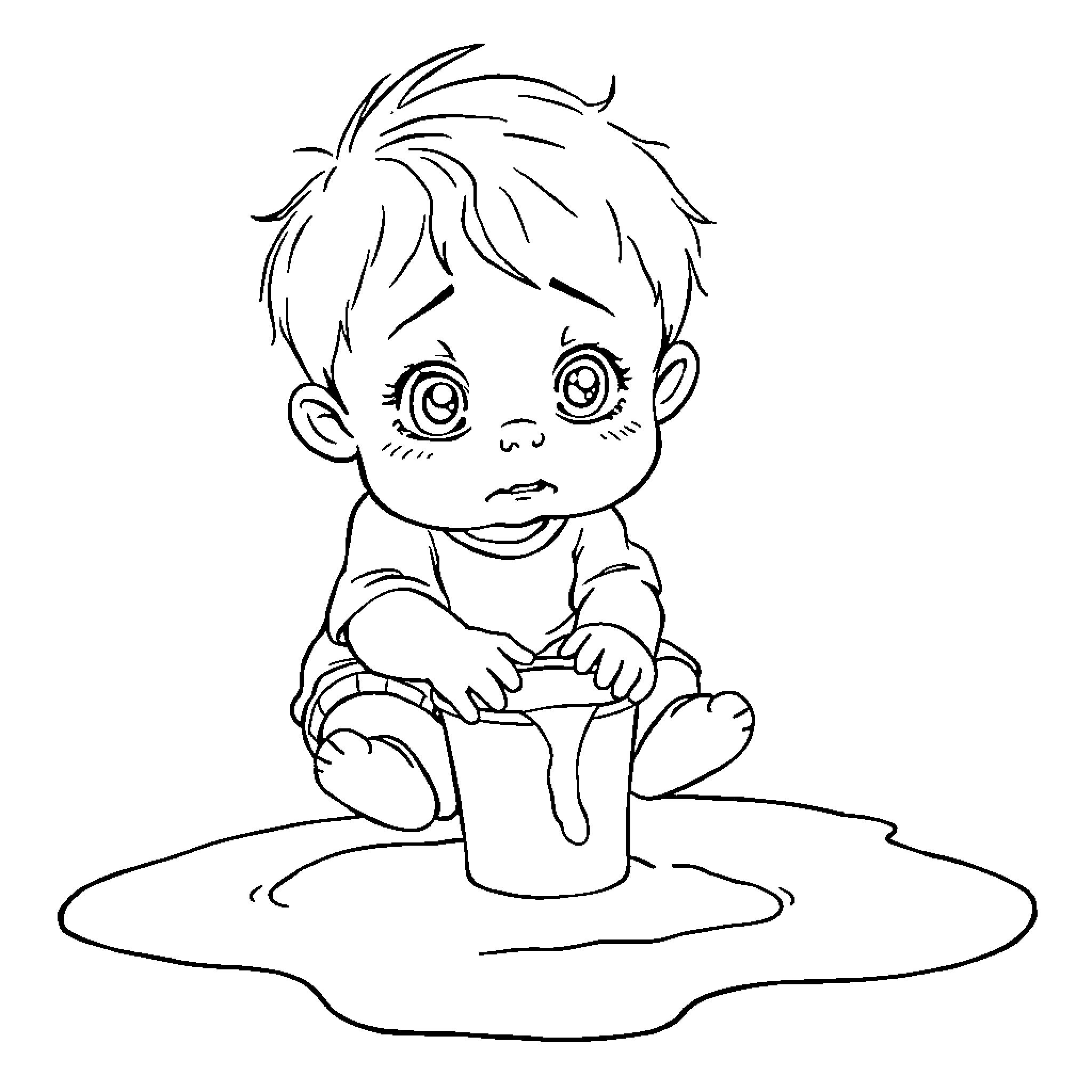 Kid sitting in puddle with concerned expression Coloring Page (free black-and-white line drawing printable PDF for all, from beginners to advanced learners, including children, teens, adults, and seniors)