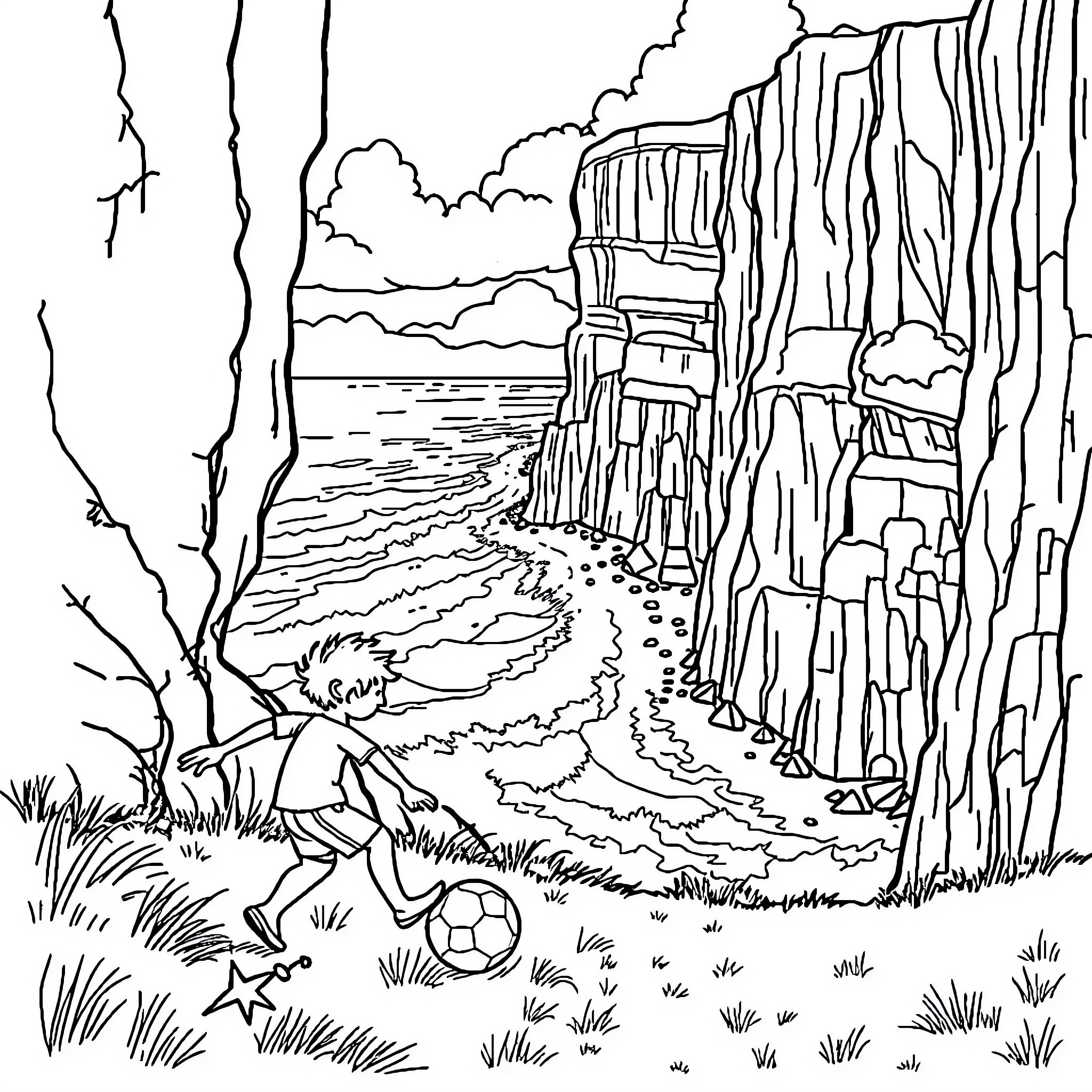 Kid playing with soccer ball in nature Coloring Page (free black-and-white line drawing printable PDF for all, from beginners to advanced learners, including children, teens, adults, and seniors)