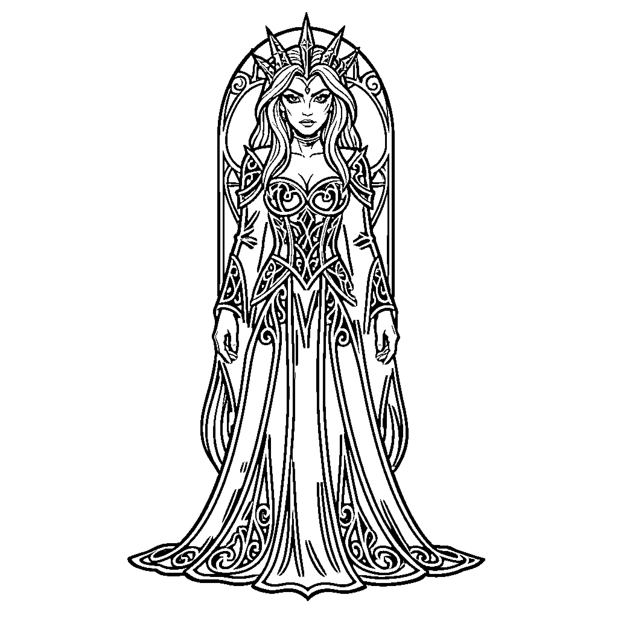 Woman wearing a crown and elegant fantasy gown Coloring Page (free black-and-white line drawing printable PDF for all, from beginners to advanced learners, including children, teens, adults, and seniors)
