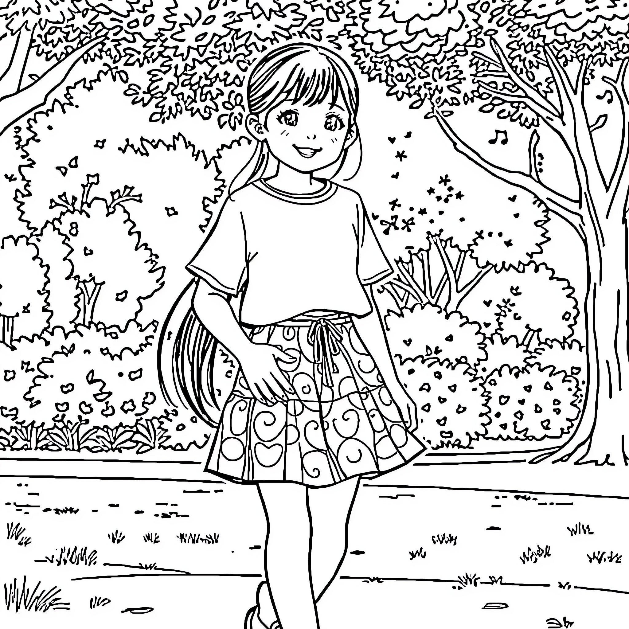 Girl strolling through a whimsical garden Coloring Page (free black-and-white line drawing printable PDF for all, from beginners to advanced learners, including children, teens, adults, and seniors)