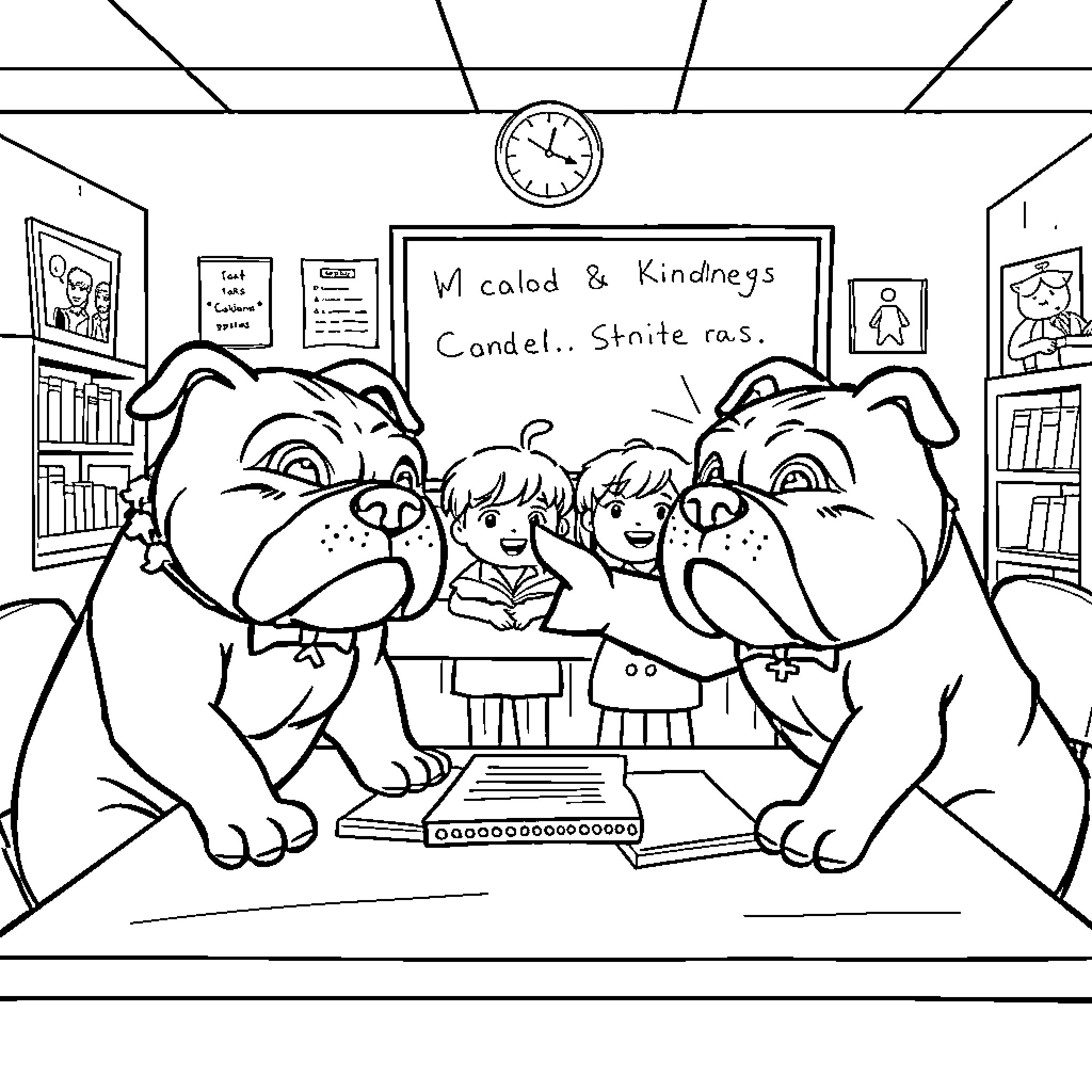 Bulldogs Having a Meeting in the Classroom Coloring Page (free black-and-white line drawing printable PDF for all, from beginners to advanced learners, including children, teens, adults, and seniors)