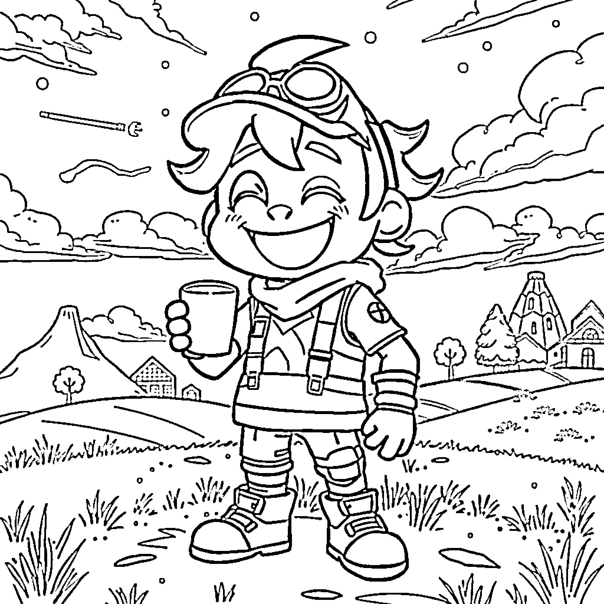 Deku's Adventurous Journey in the Countryside Coloring Page (free black-and-white line drawing printable PDF for all, from beginners to advanced learners, including children, teens, adults, and seniors)