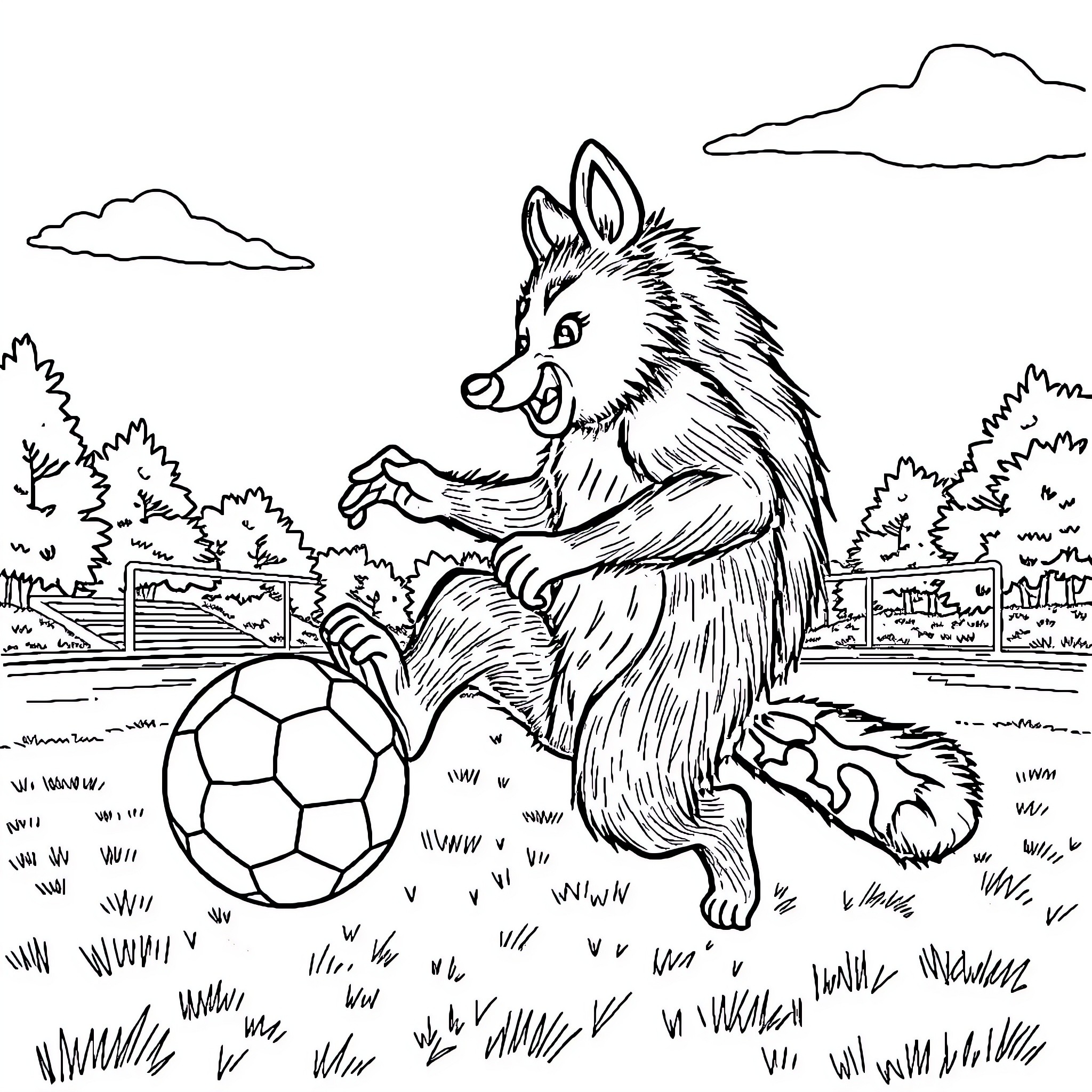 Kangaroo playing energetically with soccer ball in park Coloring Page (free black-and-white line drawing printable PDF for all, from beginners to advanced learners, including children, teens, adults, and seniors)