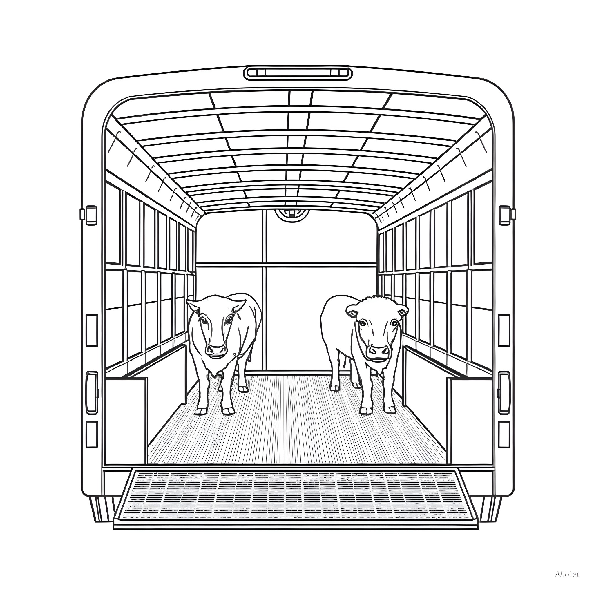 Gooseneck Trailer with cows inside Coloring Page (free black-and-white line drawing printable PDF for all, from beginners to advanced learners, including children, teens, adults, and seniors)