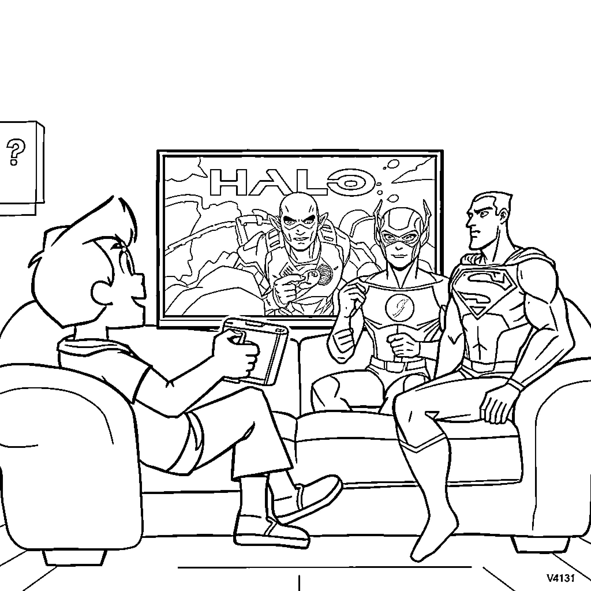 Ben 10 characters enjoying movie night together Coloring Page (free black-and-white line drawing printable PDF for all, from beginners to advanced learners, including children, teens, adults, and seniors)