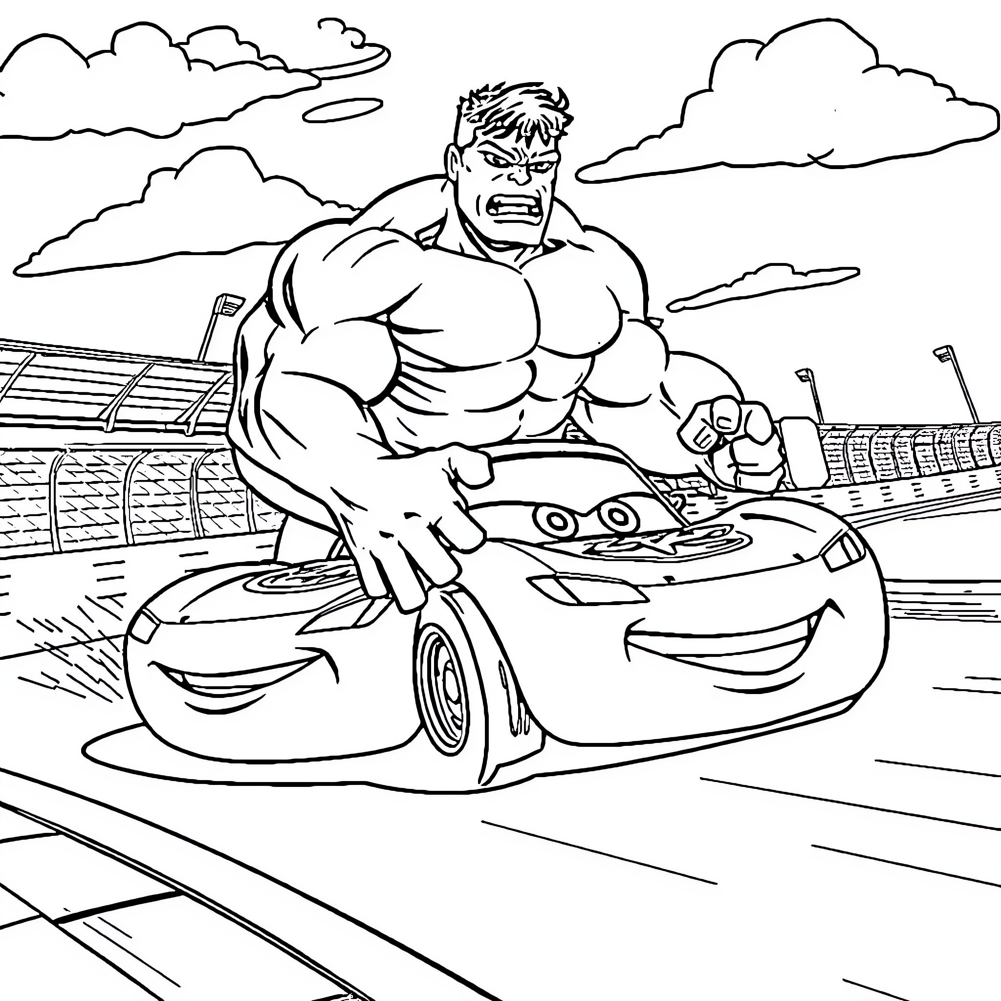Hulk racing with Lightning McQueen on the track Coloring Page (free black-and-white line drawing printable PDF for all, from beginners to advanced learners, including children, teens, adults, and seniors)
