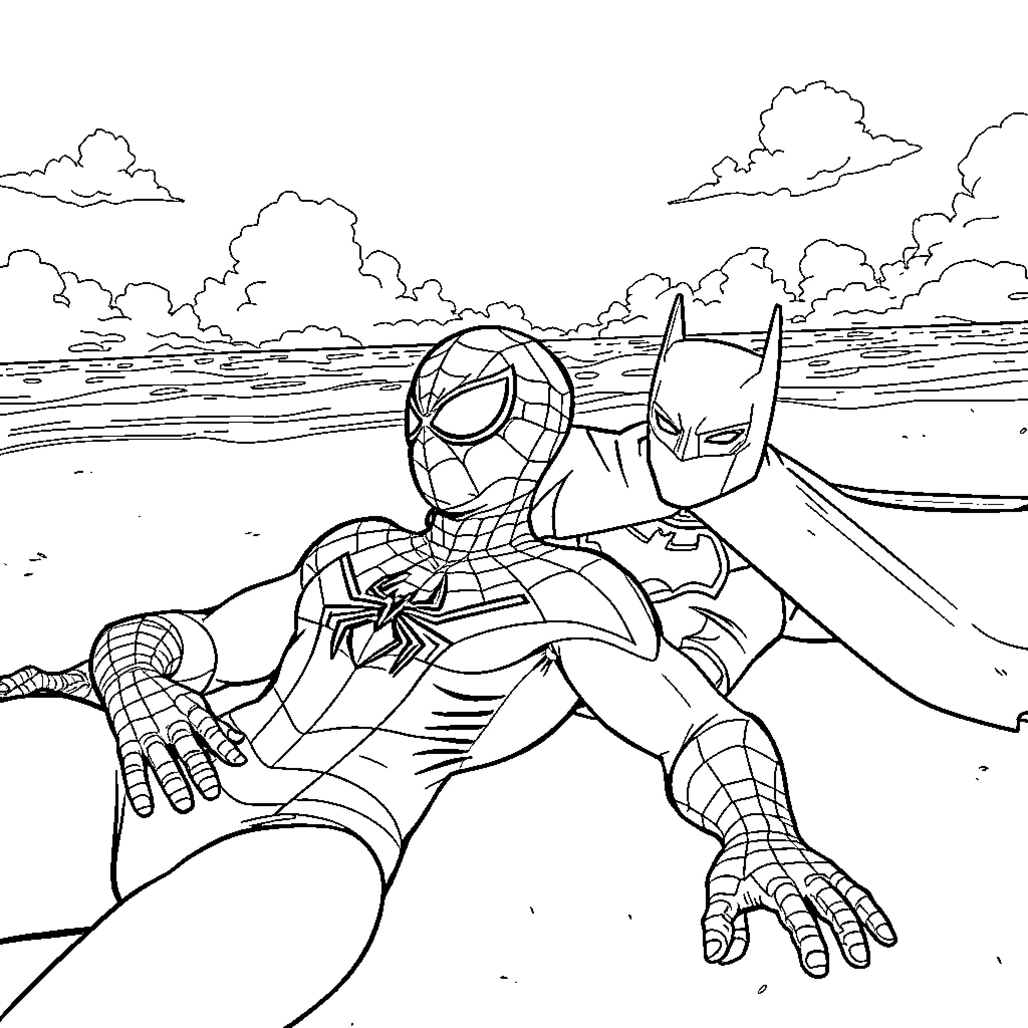 Spiderman and Batman team up on the beach Coloring Page (free black-and-white line drawing printable PDF for all, from beginners to advanced learners, including children, teens, adults, and seniors)
