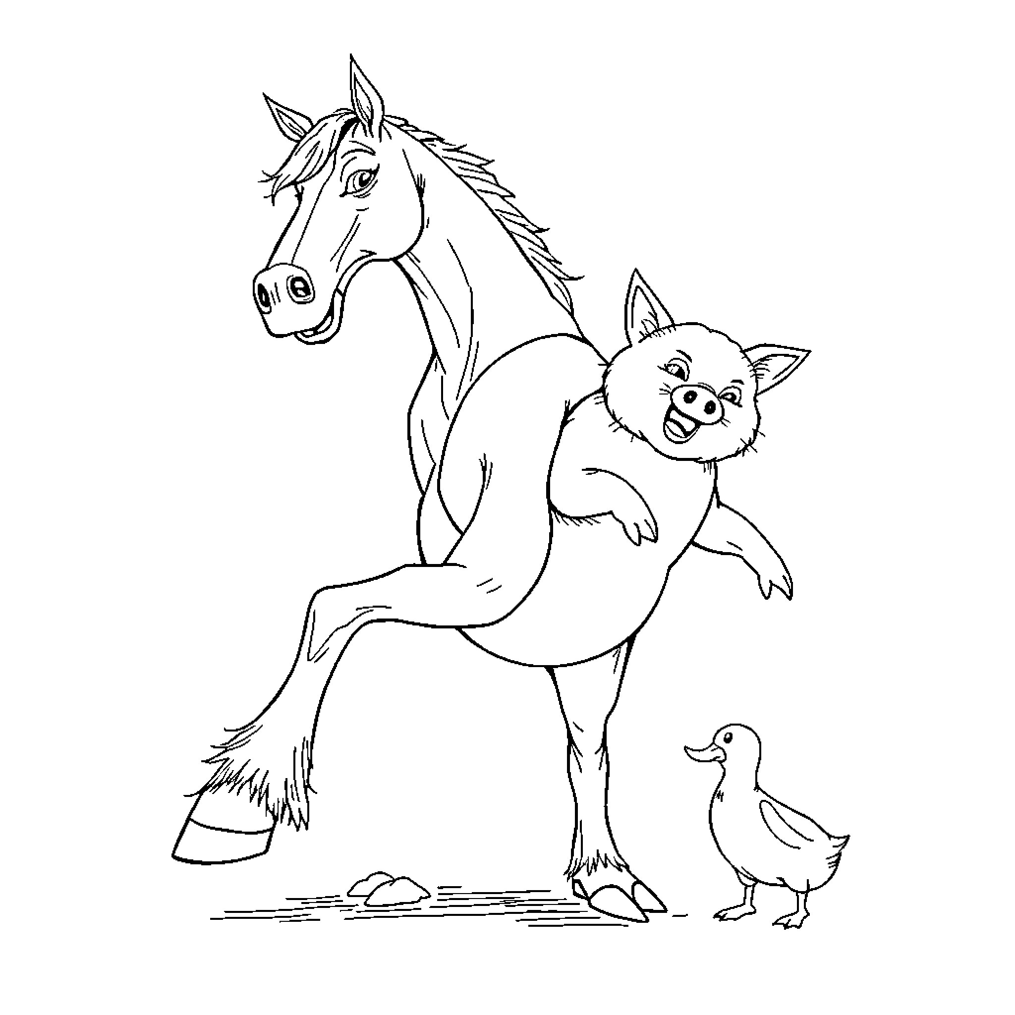 Chimera of horse, pig, and duck in rural scene Coloring Page (free black-and-white line drawing printable PDF for all, from beginners to advanced learners, including children, teens, adults, and seniors)