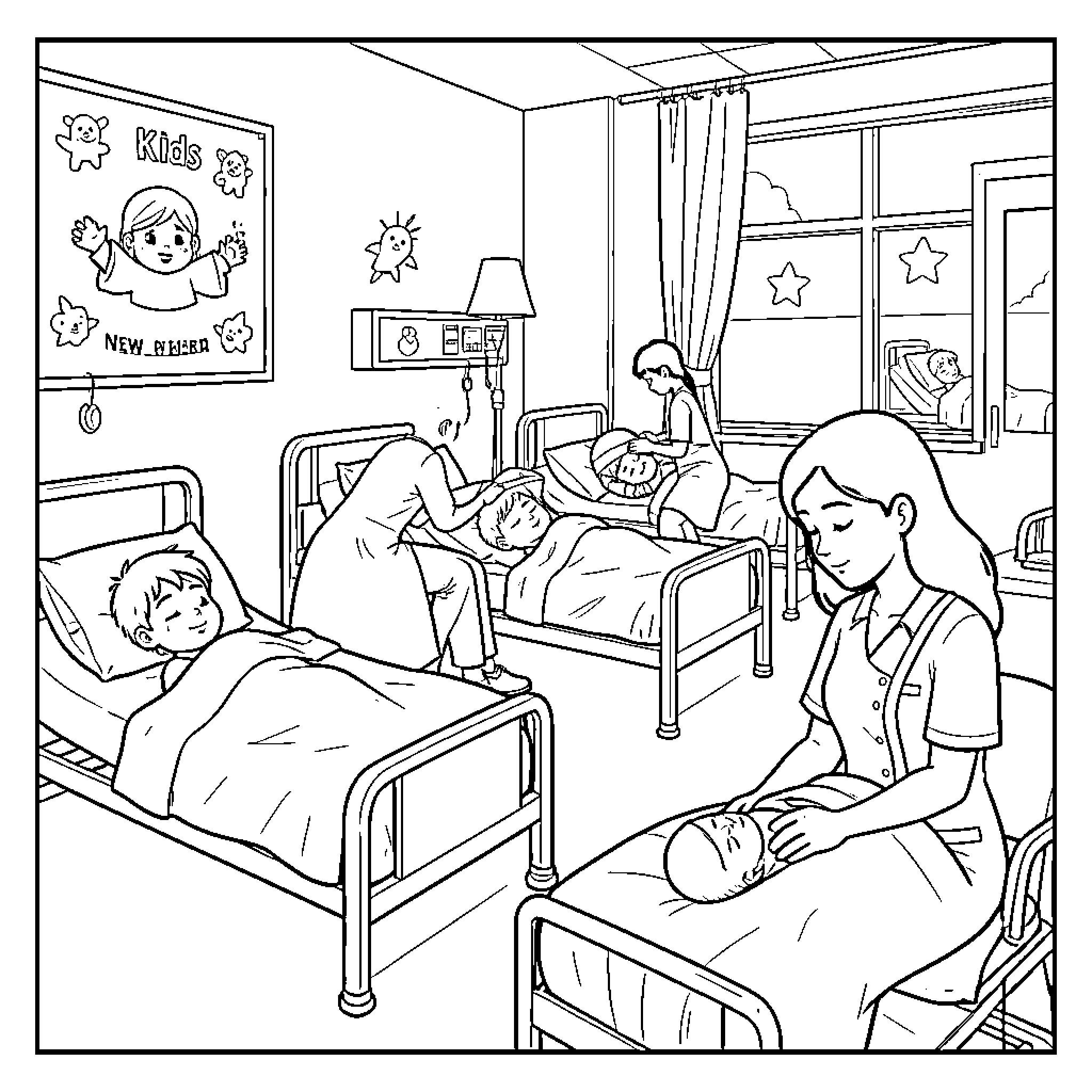 Child patients being cared for by nurses in a hospital Coloring Page (free black-and-white line drawing printable PDF for all, from beginners to advanced learners, including children, teens, adults, and seniors)