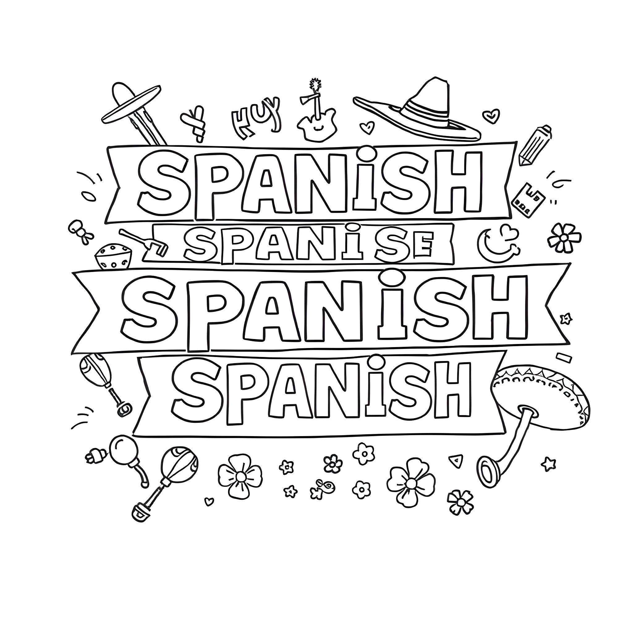 Word Art with Spanish Symbols and Lettering Coloring Page (free black-and-white line drawing printable PDF for all, from beginners to advanced learners, including children, teens, adults, and seniors)