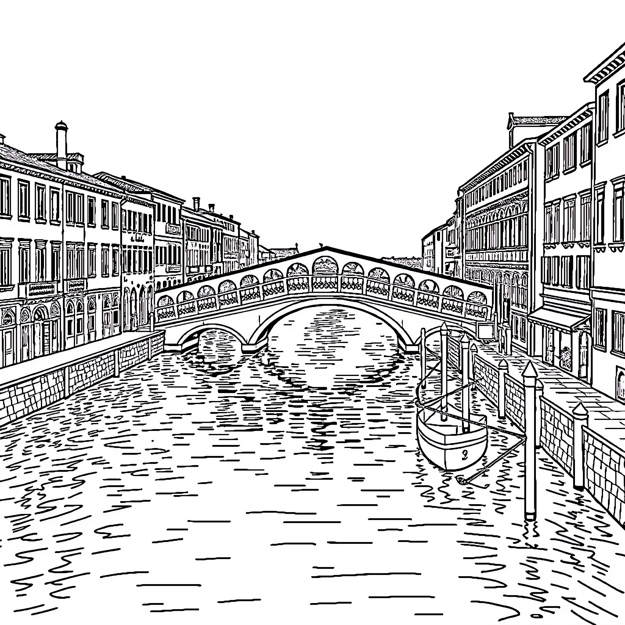 Venice Scenes of Historic Architecture and Gondolas Coloring Page (free black-and-white line drawing printable PDF for all, from beginners to advanced learners, including children, teens, adults, and seniors)