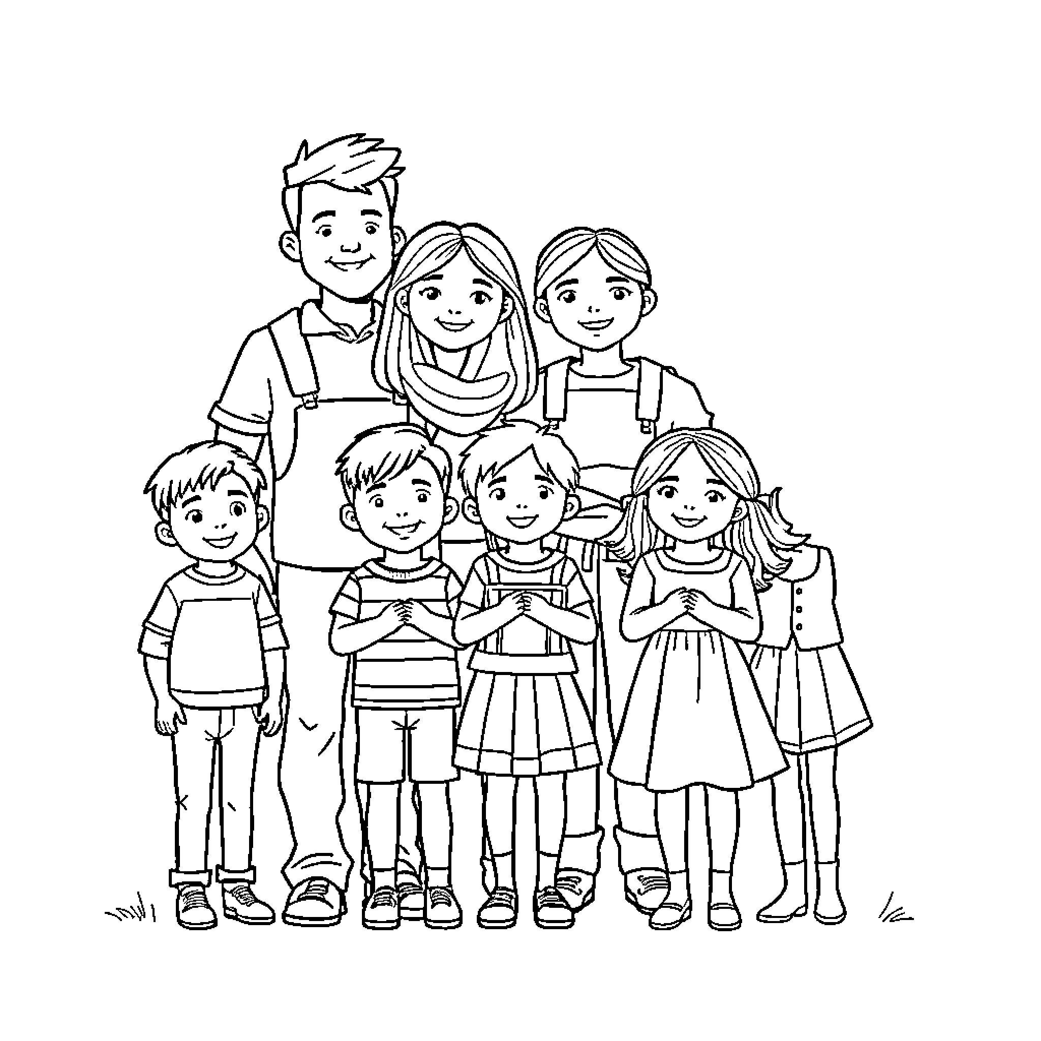 Family portrait of happy children and adults Coloring Page (free black-and-white line drawing printable PDF for all, from beginners to advanced learners, including children, teens, adults, and seniors)