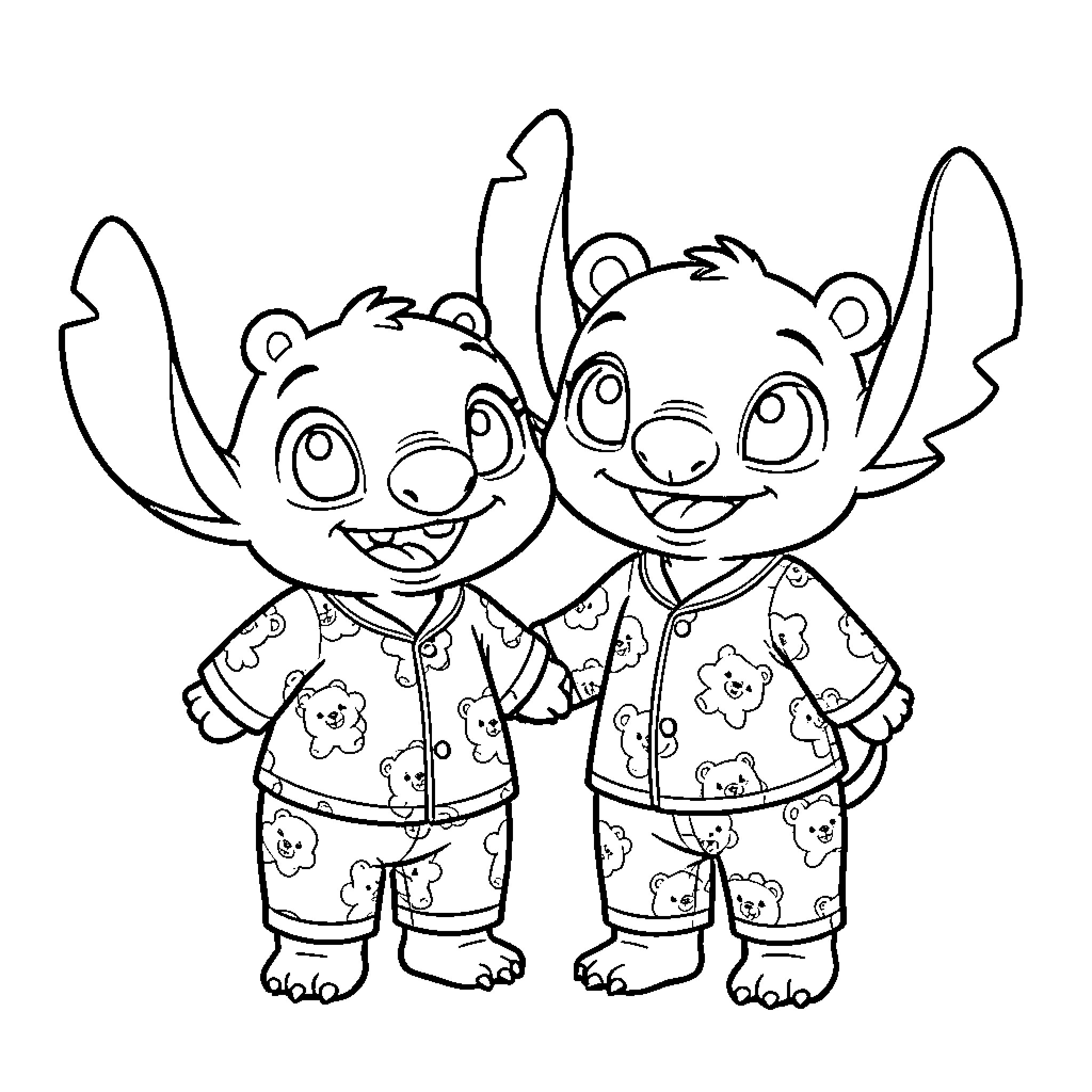 Lilo and Stitch in Cute Pajamas Coloring Page (free black-and-white line drawing printable PDF for all, from beginners to advanced learners, including children, teens, adults, and seniors)