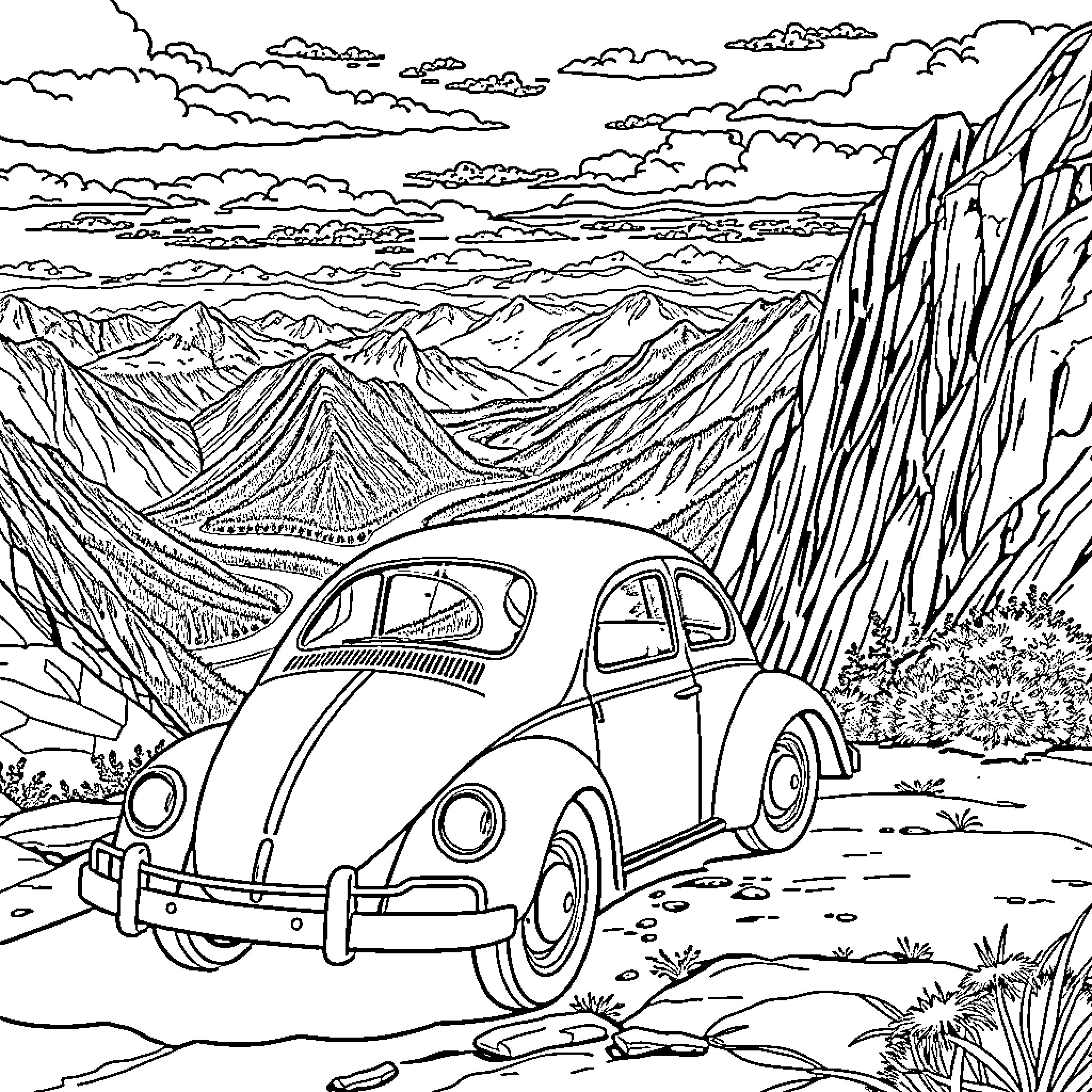 VW Beetle driving through scenic mountain landscape Coloring Page (free black-and-white line drawing printable PDF for all, from beginners to advanced learners, including children, teens, adults, and seniors)