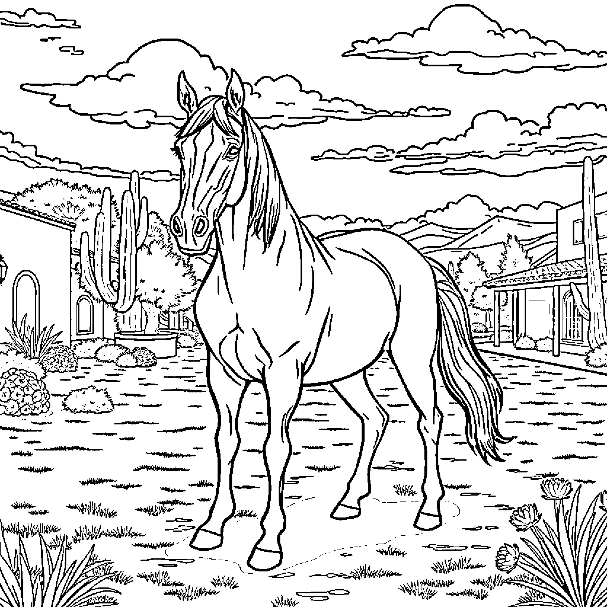 Horse standing proudly in the desert landscape Coloring Page (free black-and-white line drawing printable PDF for all, from beginners to advanced learners, including children, teens, adults, and seniors)