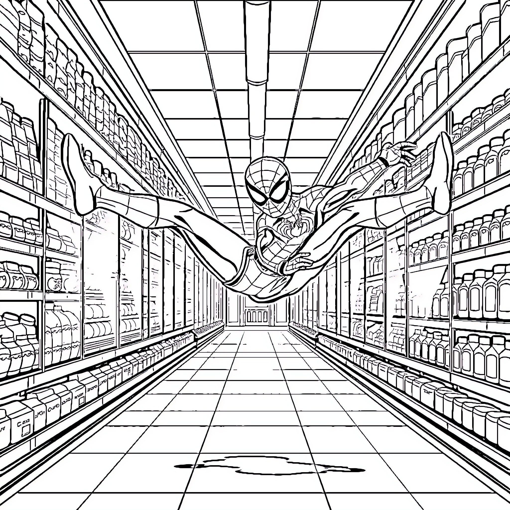 Spider-Man swinging through a grocery store Coloring Page (free black-and-white line drawing printable PDF for all, from beginners to advanced learners, including children, teens, adults, and seniors)