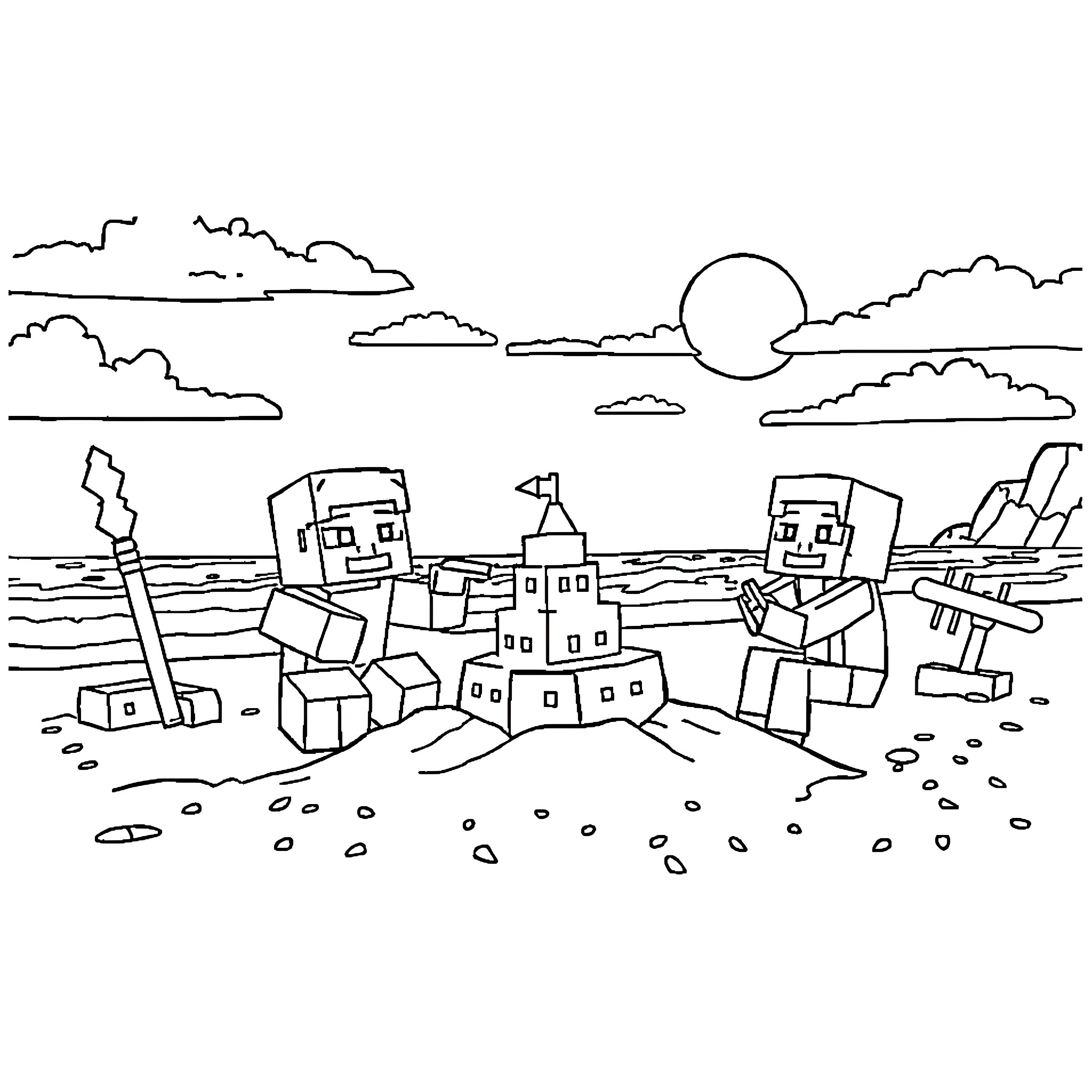 Minecraft characters exploring a rugged landscape Coloring Page (free black-and-white line drawing printable PDF for all, from beginners to advanced learners, including children, teens, adults, and seniors)
