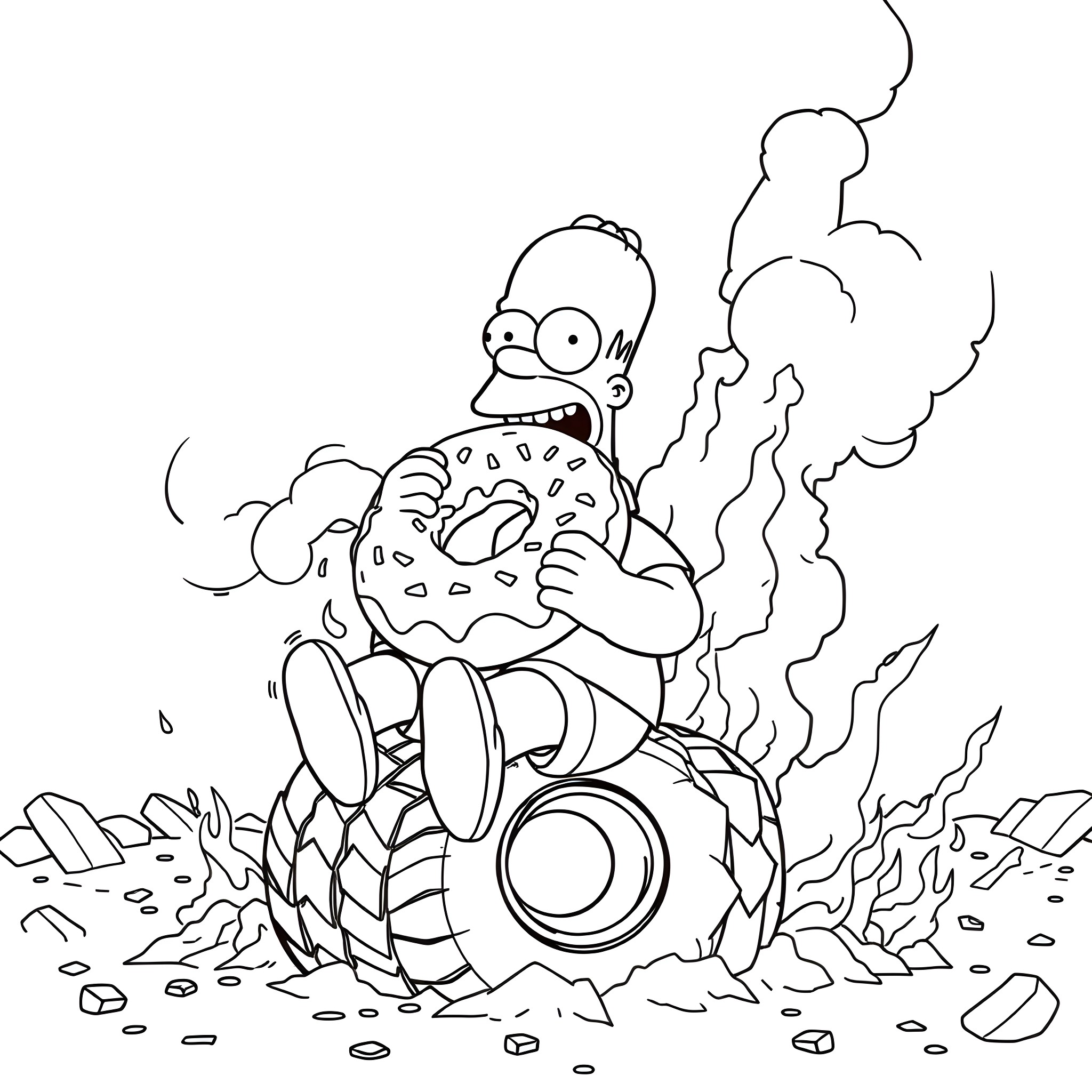 Homer Simpson riding a fiery donut-shaped vehicle Coloring Page (free black-and-white line drawing printable PDF for all, from beginners to advanced learners, including children, teens, adults, and seniors)