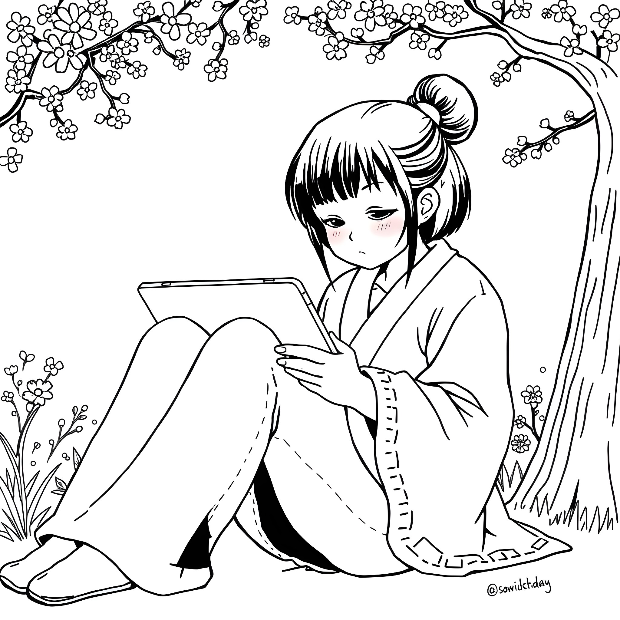 Nezuko enjoying reading under a blooming tree Coloring Page (free black-and-white line drawing printable PDF for all, from beginners to advanced learners, including children, teens, adults, and seniors)