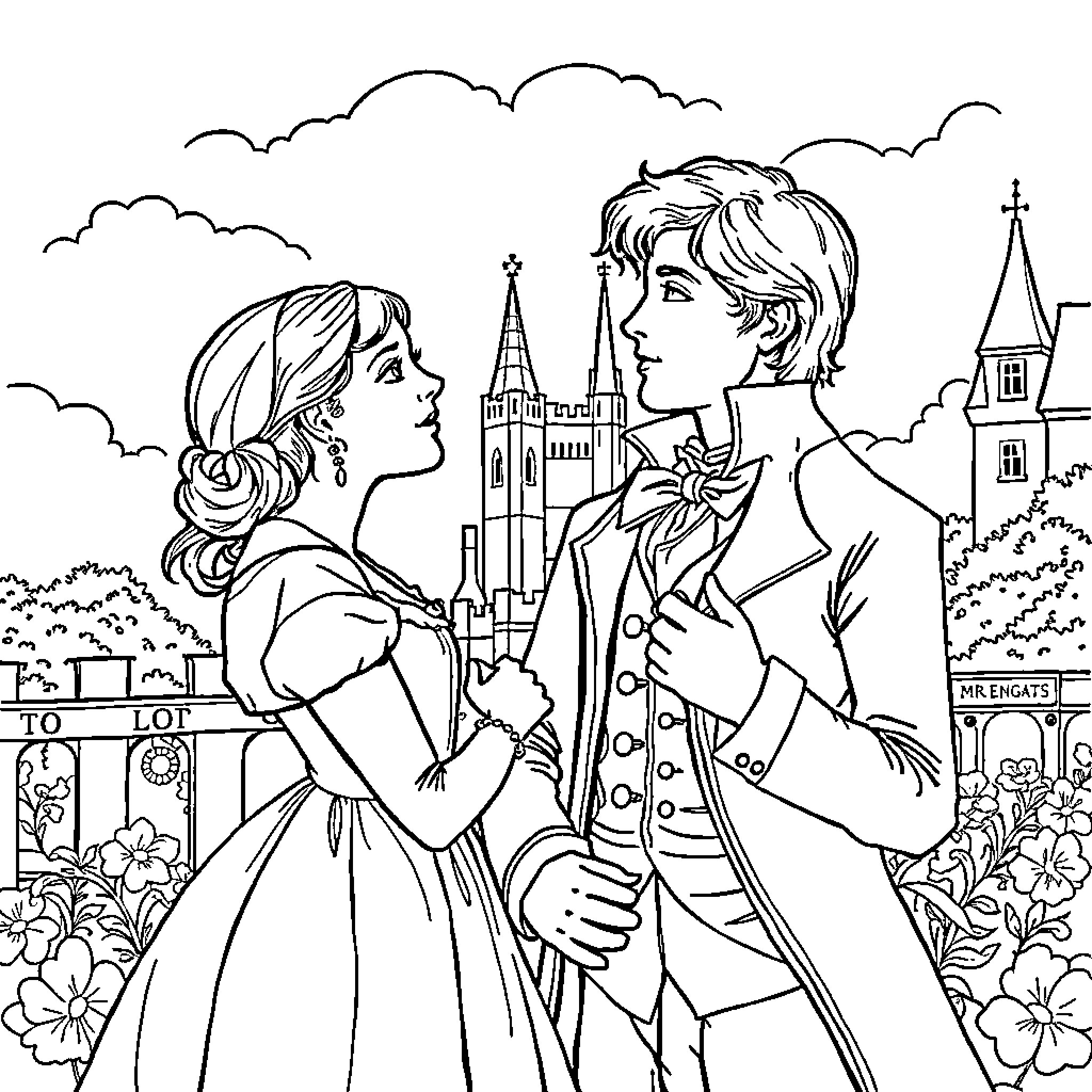 Pride and Prejudice - Romantic Encounters in a Quaint Town Coloring Page (free black-and-white line drawing printable PDF for all, from beginners to advanced learners, including children, teens, adults, and seniors)