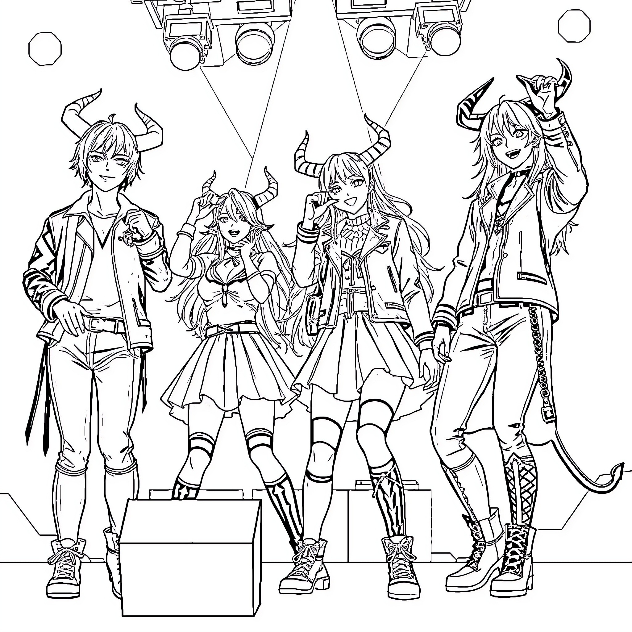 Huntrix: Eccentric Group of Adventurers Coloring Page (free black-and-white line drawing printable PDF for all, from beginners to advanced learners, including children, teens, adults, and seniors)