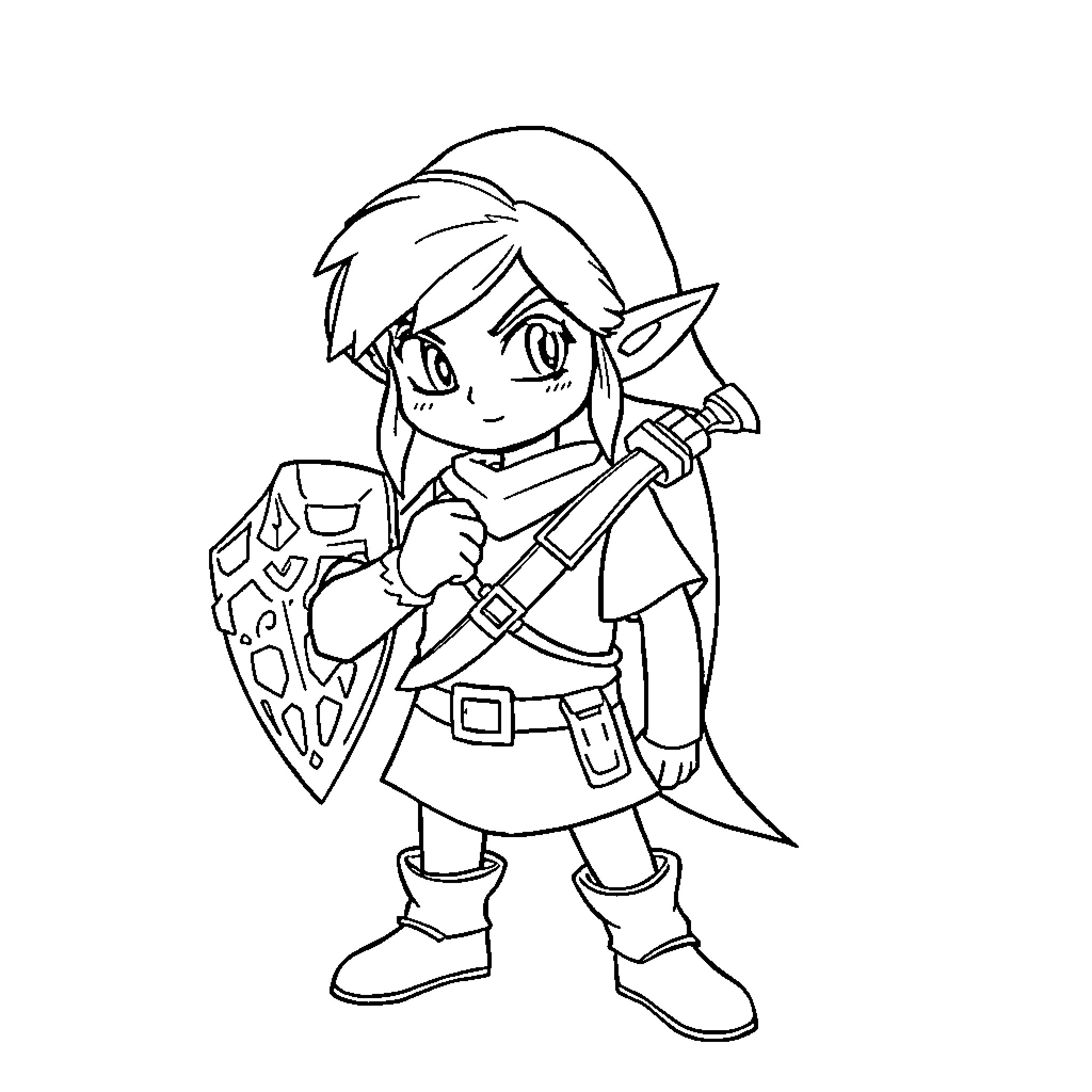 Link wielding sword and shield in heroic pose Coloring Page (free black-and-white line drawing printable PDF for all, from beginners to advanced learners, including children, teens, adults, and seniors)