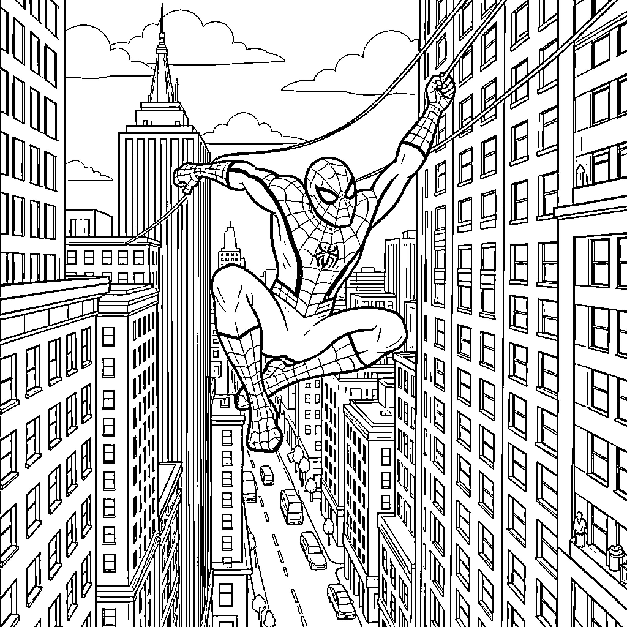 Spiderman swinging through the skyscrapers of a city Coloring Page (free black-and-white line drawing printable PDF for all, from beginners to advanced learners, including children, teens, adults, and seniors)