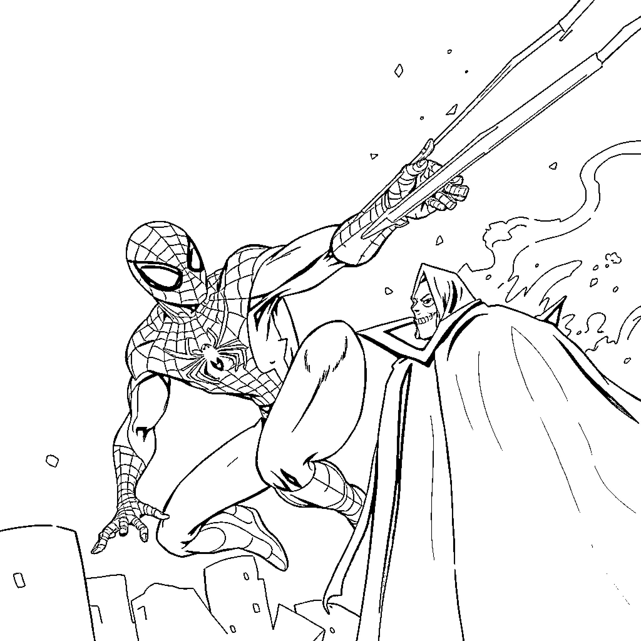 Spiderman Swinging into Action against Villain Coloring Page (free black-and-white line drawing printable PDF for all, from beginners to advanced learners, including children, teens, adults, and seniors)