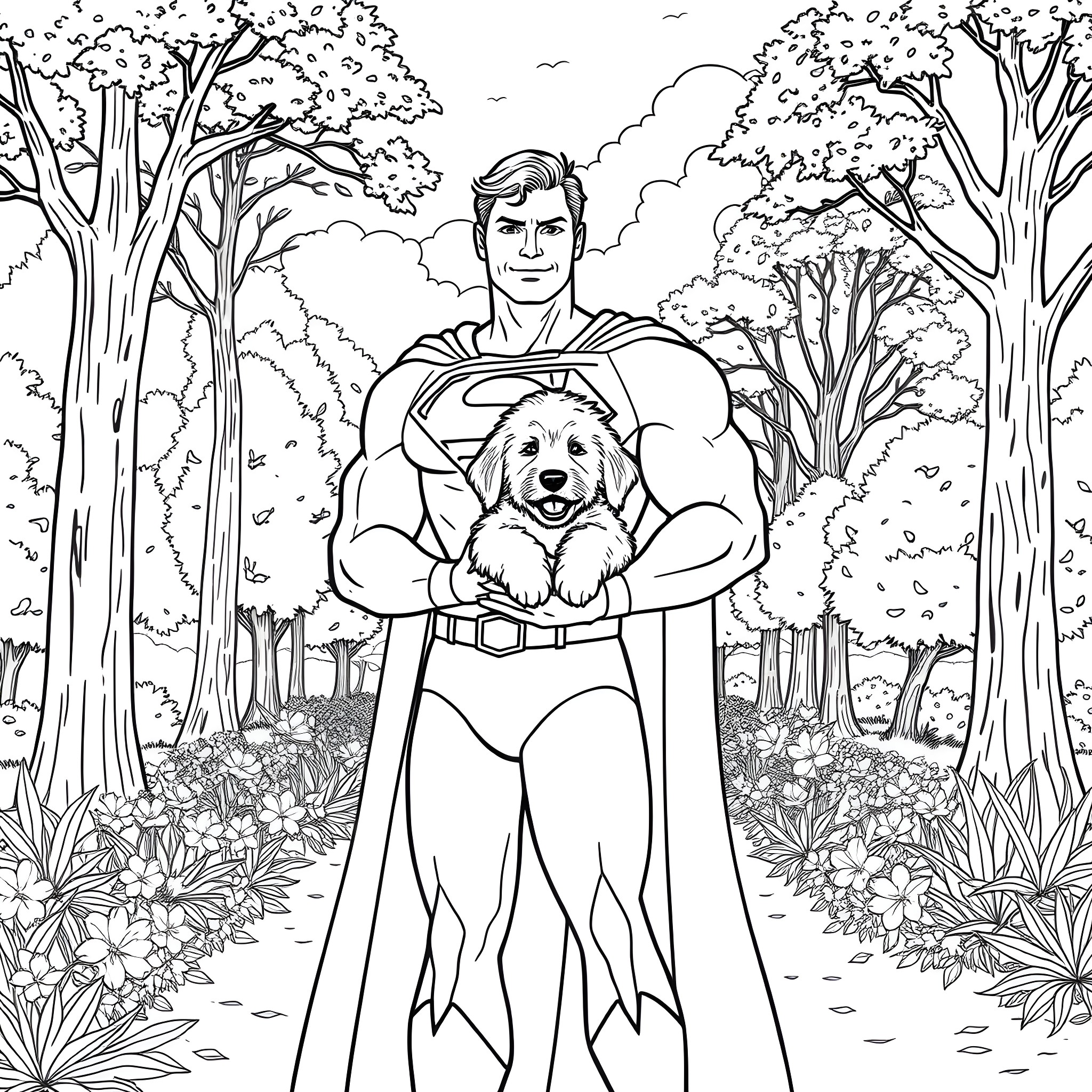 Superman rescuing a puppy in the forest Coloring Page (free black-and-white line drawing printable PDF for all, from beginners to advanced learners, including children, teens, adults, and seniors)