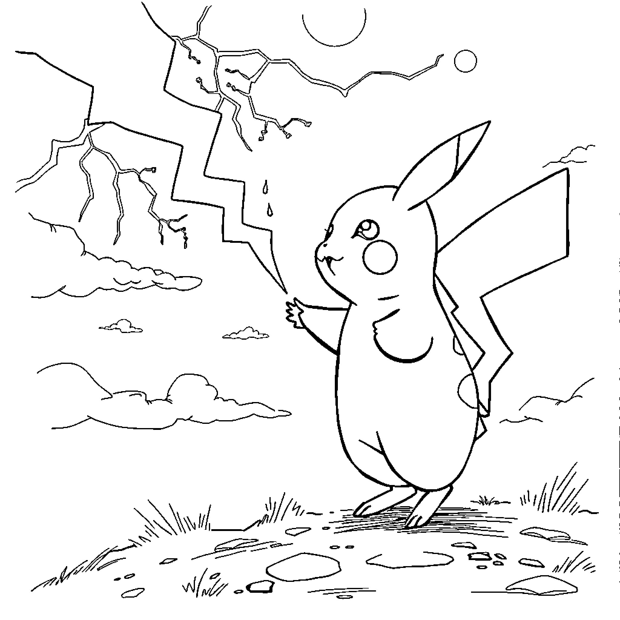 Pikachu's adventure in the mystical landscape Coloring Page (free black-and-white line drawing printable PDF for all, from beginners to advanced learners, including children, teens, adults, and seniors)