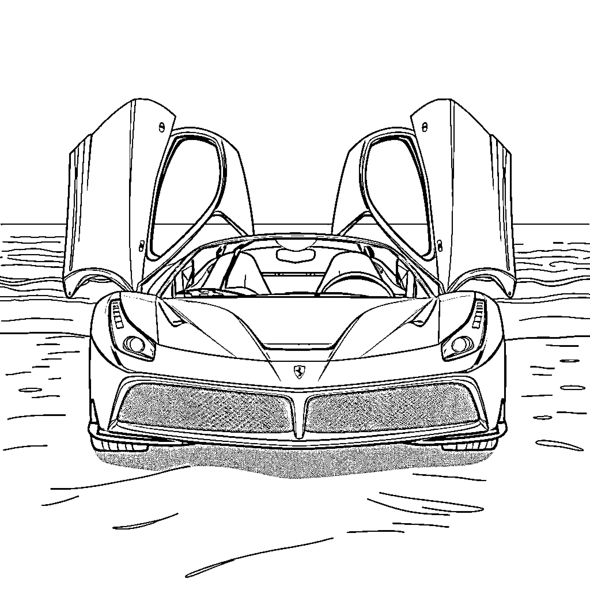 Ferrari sports car with open doors on the beach Coloring Page (free black-and-white line drawing printable PDF for all, from beginners to advanced learners, including children, teens, adults, and seniors)