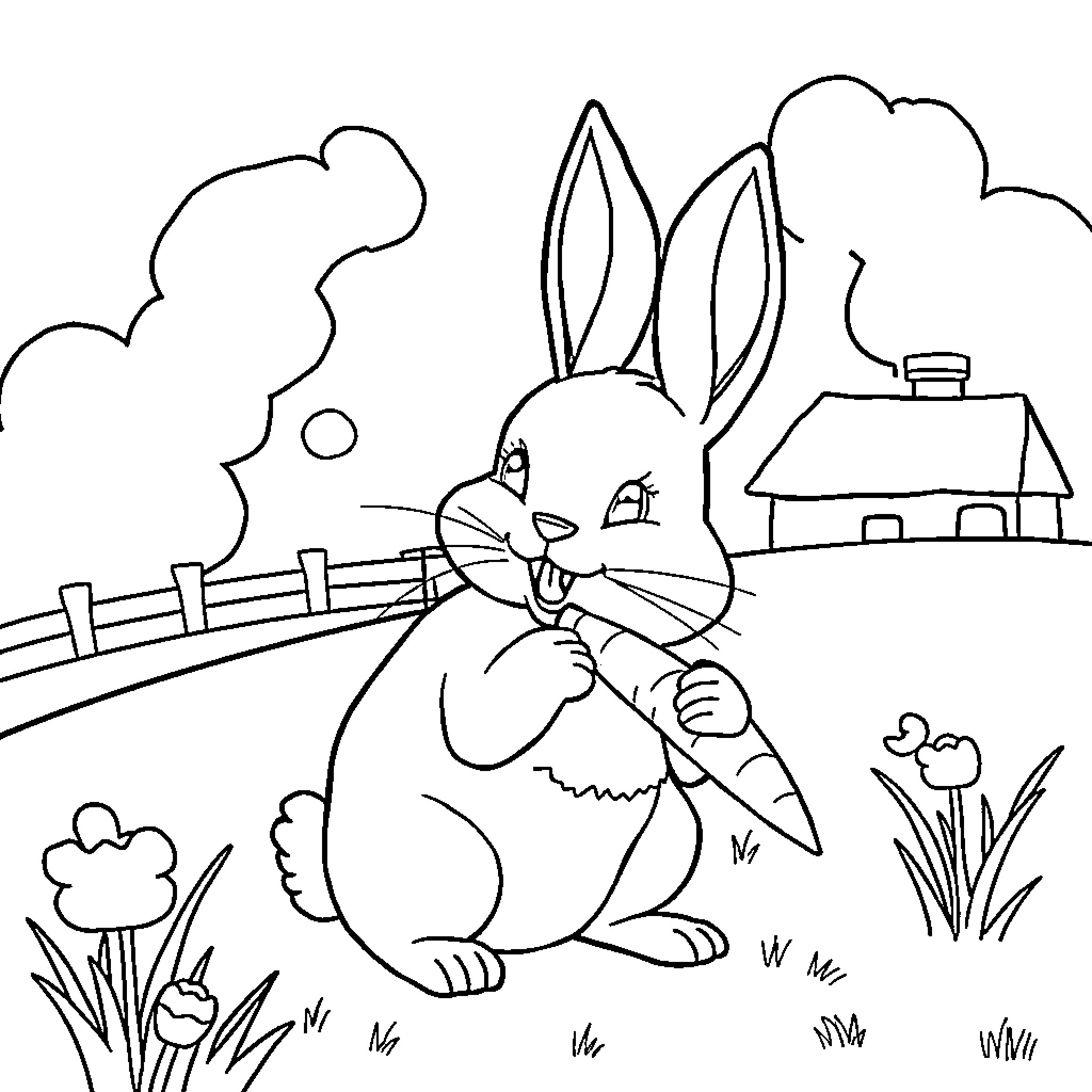 Bunny enjoying a carrot in a rural landscape Coloring Page (free black-and-white line drawing printable PDF for all, from beginners to advanced learners, including children, teens, adults, and seniors)