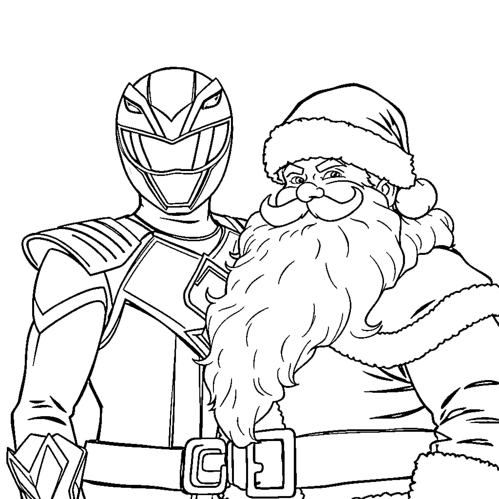 Santa Claus meets Power Ranger in winter scene Coloring Page (free black-and-white line drawing printable PDF for all, from beginners to advanced learners, including children, teens, adults, and seniors)