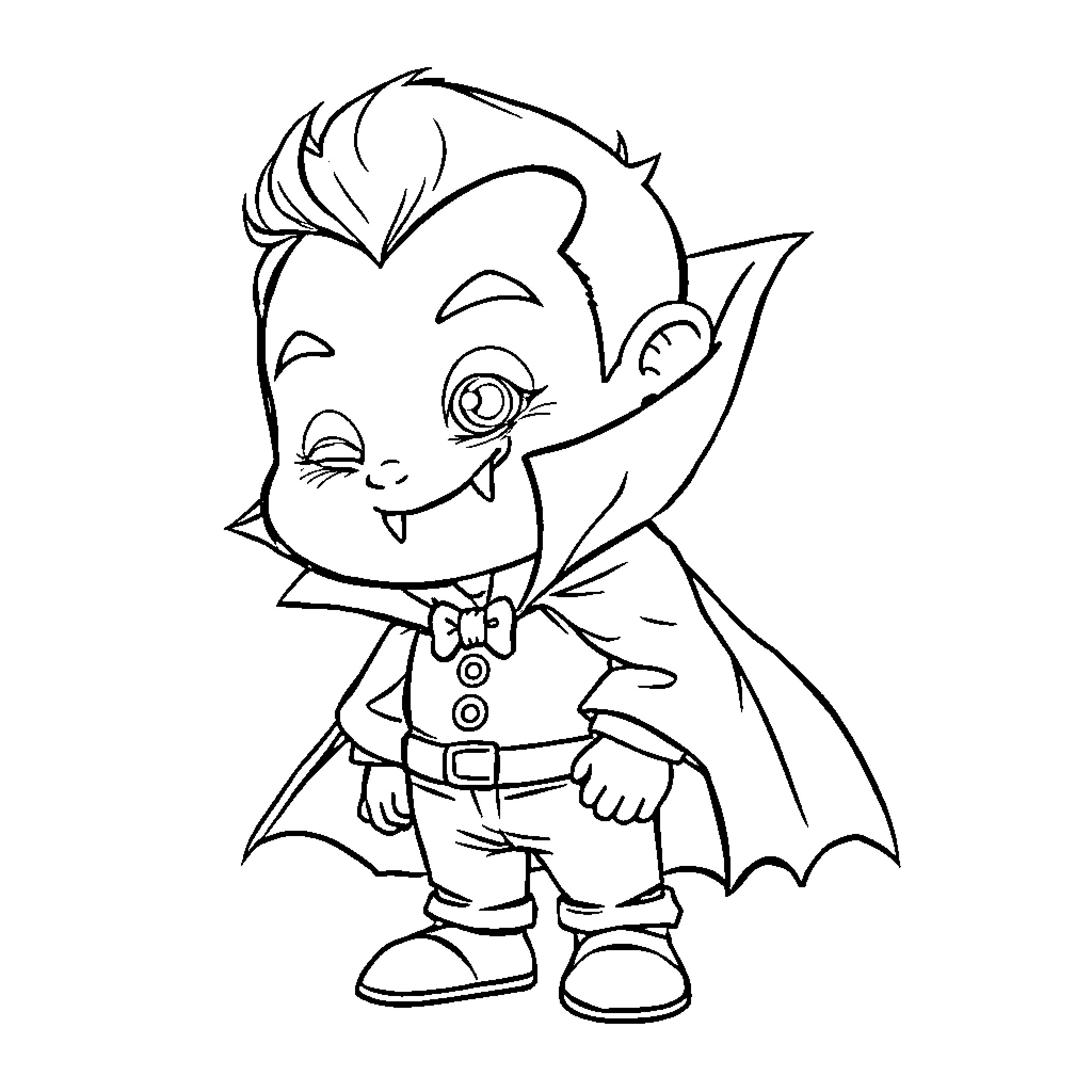 Vampire Child in Costume Coloring Page (free black-and-white line drawing printable PDF for all, from beginners to advanced learners, including children, teens, adults, and seniors)