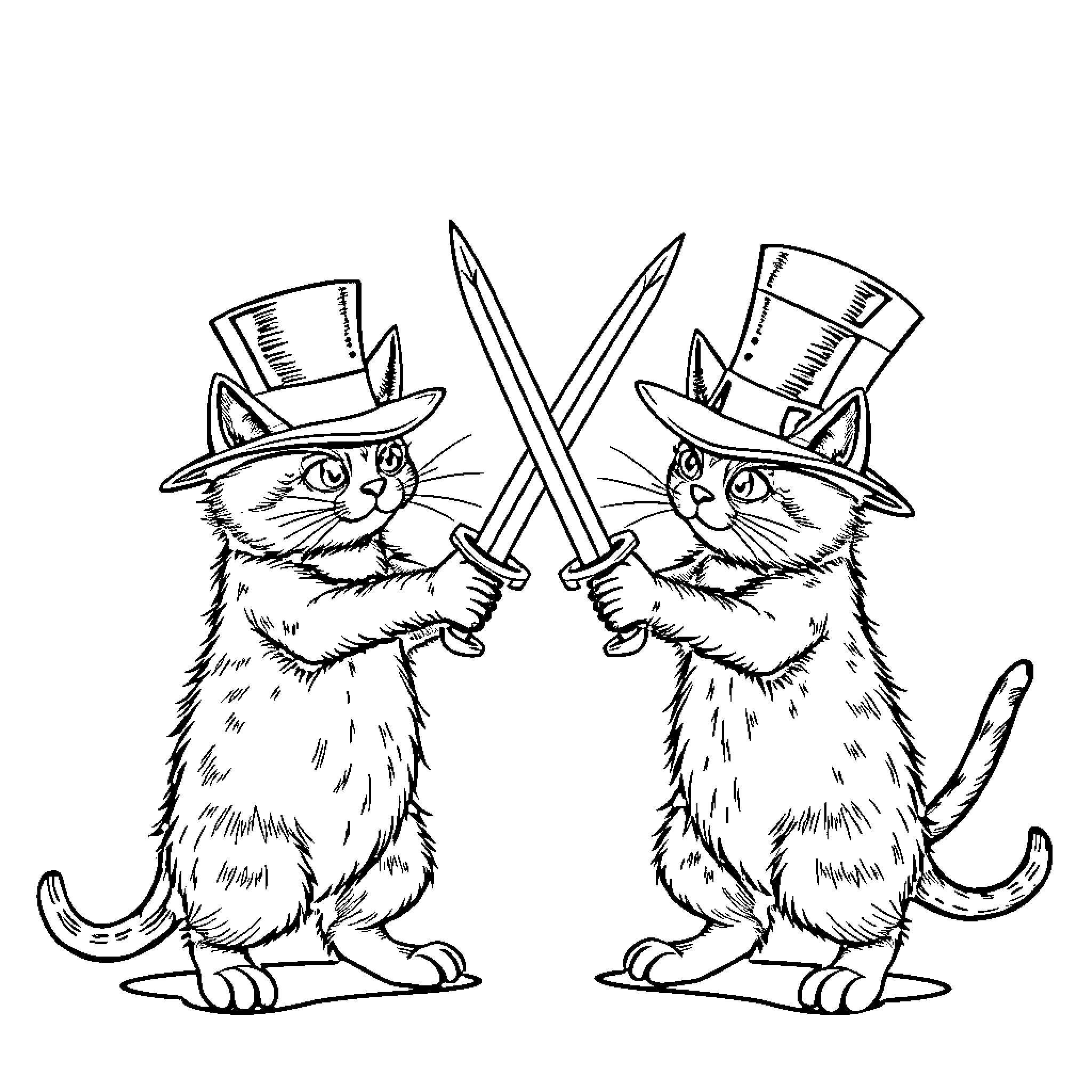 Cats in top hats wielding swords Coloring Page (free black-and-white line drawing printable PDF for all, from beginners to advanced learners, including children, teens, adults, and seniors)