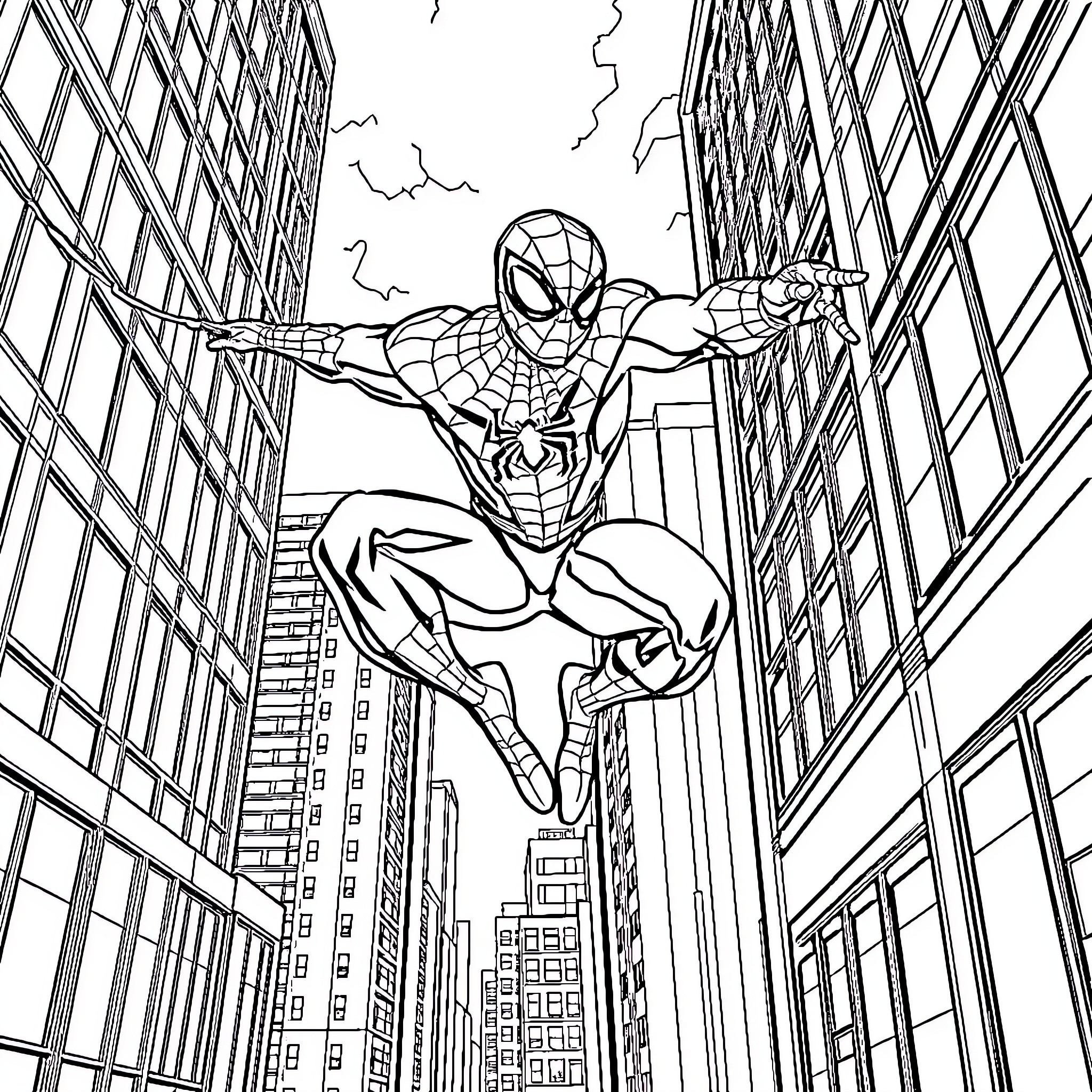 Spiderman swinging through the city skyline Coloring Page (free black-and-white line drawing printable PDF for all, from beginners to advanced learners, including children, teens, adults, and seniors)
