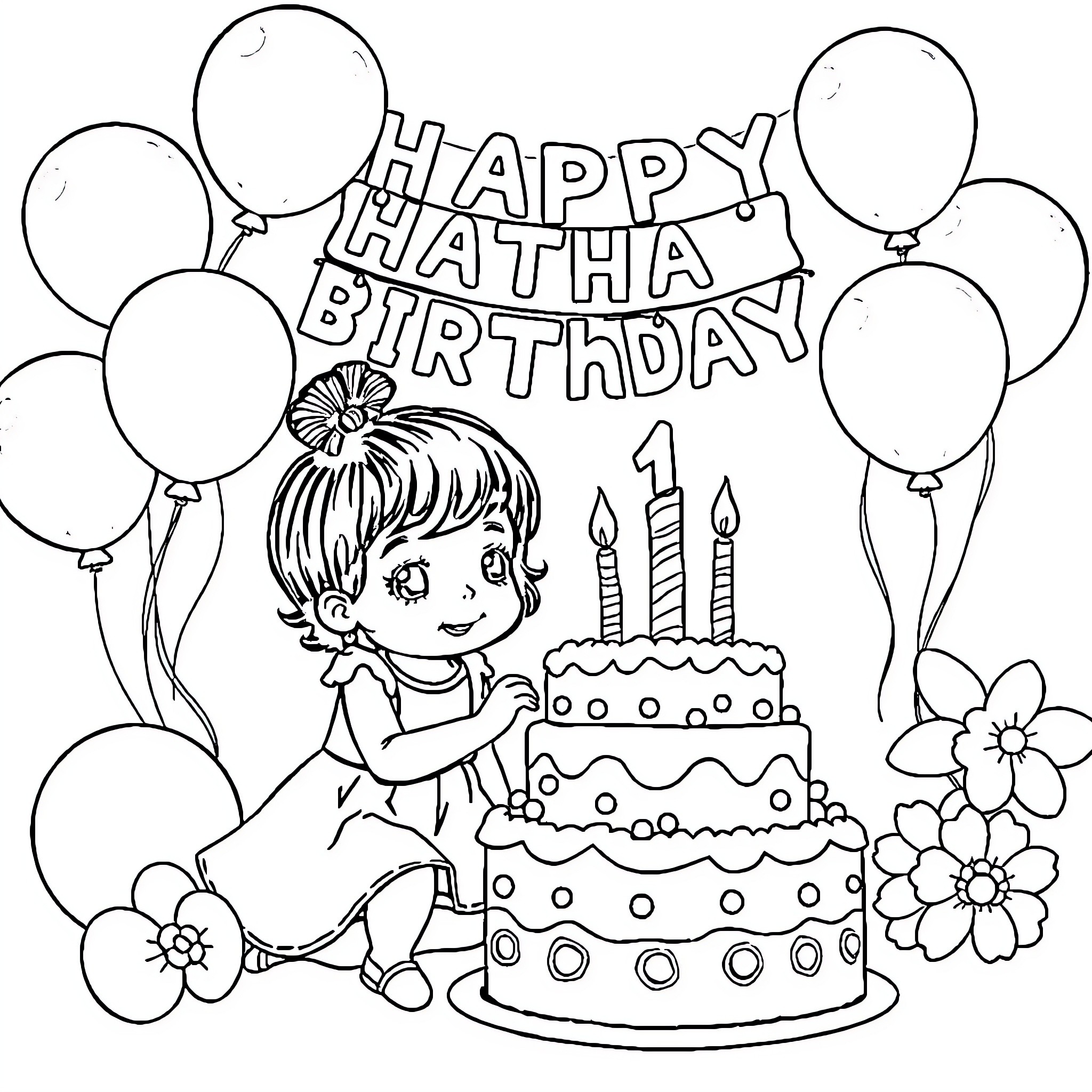 Birthday celebration with cake, balloons, and a young child Coloring Page (free black-and-white line drawing printable PDF for all, from beginners to advanced learners, including children, teens, adults, and seniors)
