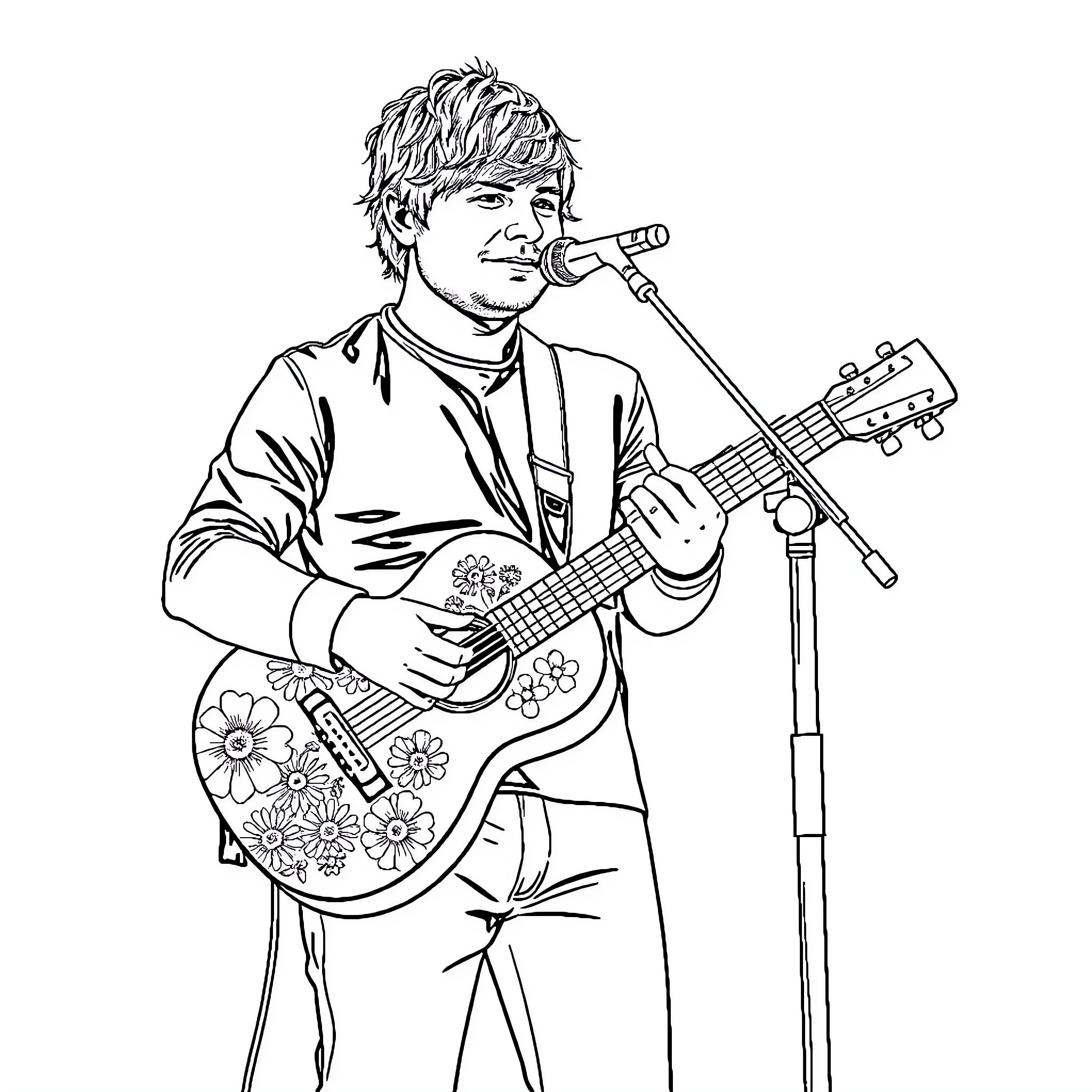 Ed Sheeran performing on stage with guitar Coloring Page (free black-and-white line drawing printable PDF for all, from beginners to advanced learners, including children, teens, adults, and seniors)