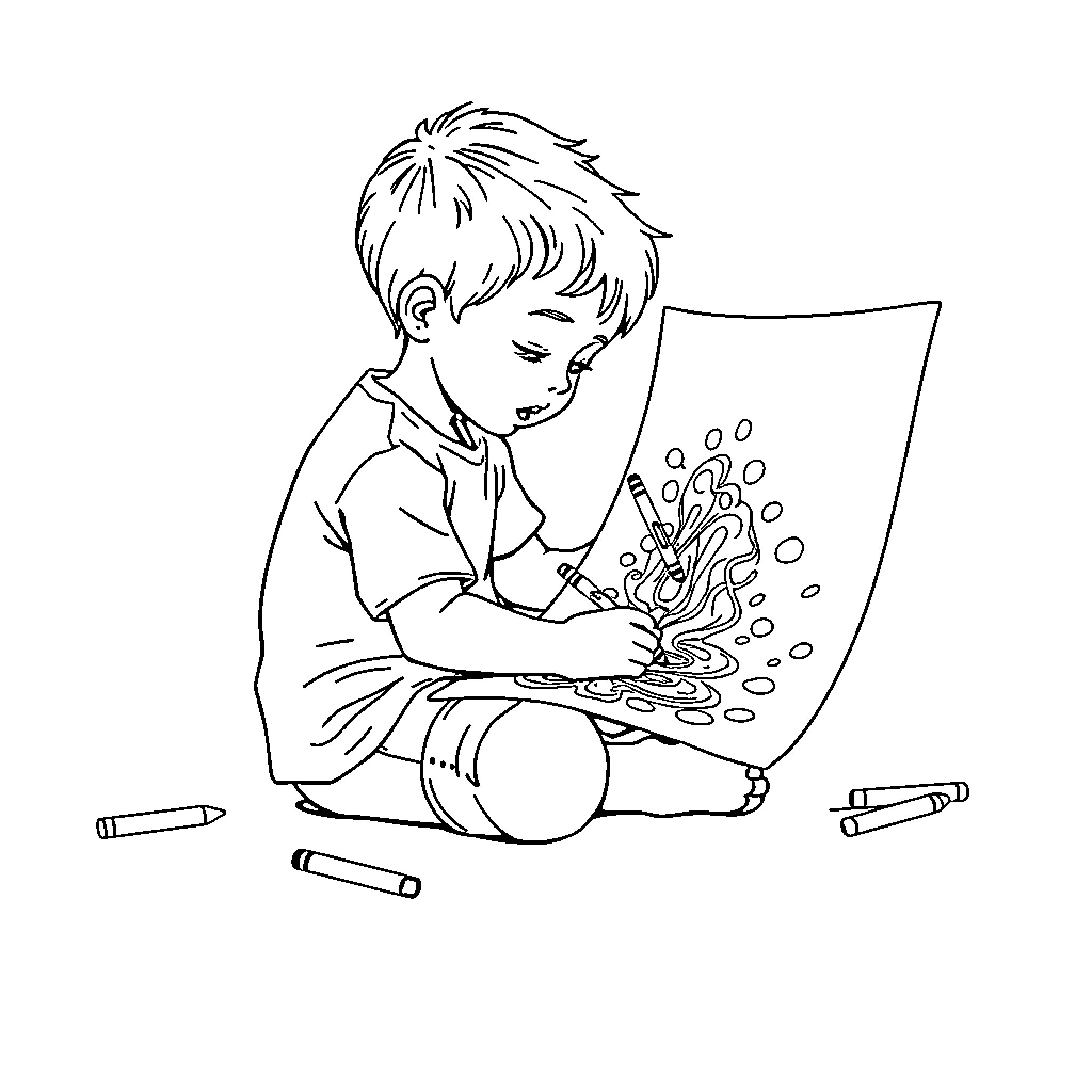 Boy engrossed in creative drawing on paper Coloring Page (free black-and-white line drawing printable PDF for all, from beginners to advanced learners, including children, teens, adults, and seniors)