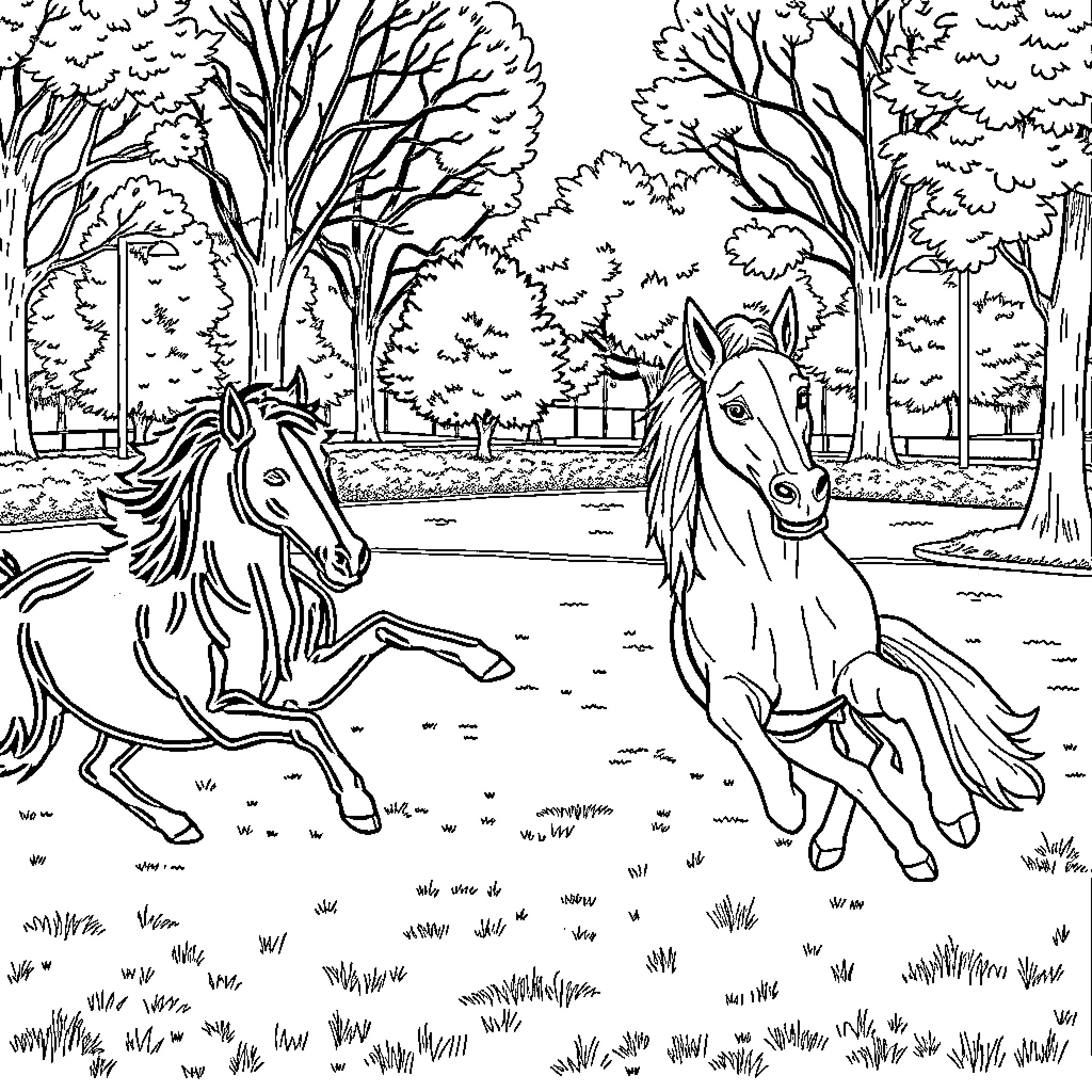 Dog Horses Running Through Forest Meadow Coloring Page (free black-and-white line drawing printable PDF for all, from beginners to advanced learners, including children, teens, adults, and seniors)
