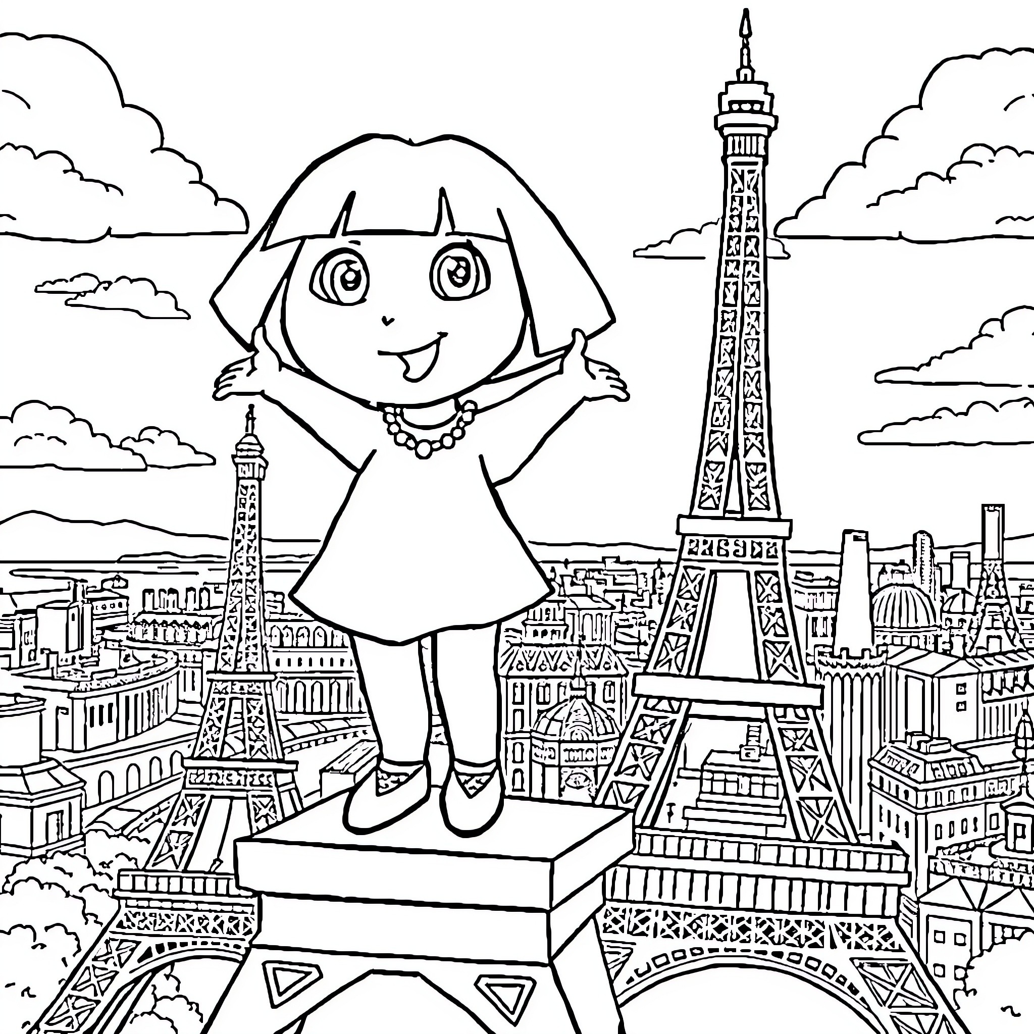Dora explores the wonders of the Parisian cityscape Coloring Page (free black-and-white line drawing printable PDF for all, from beginners to advanced learners, including children, teens, adults, and seniors)