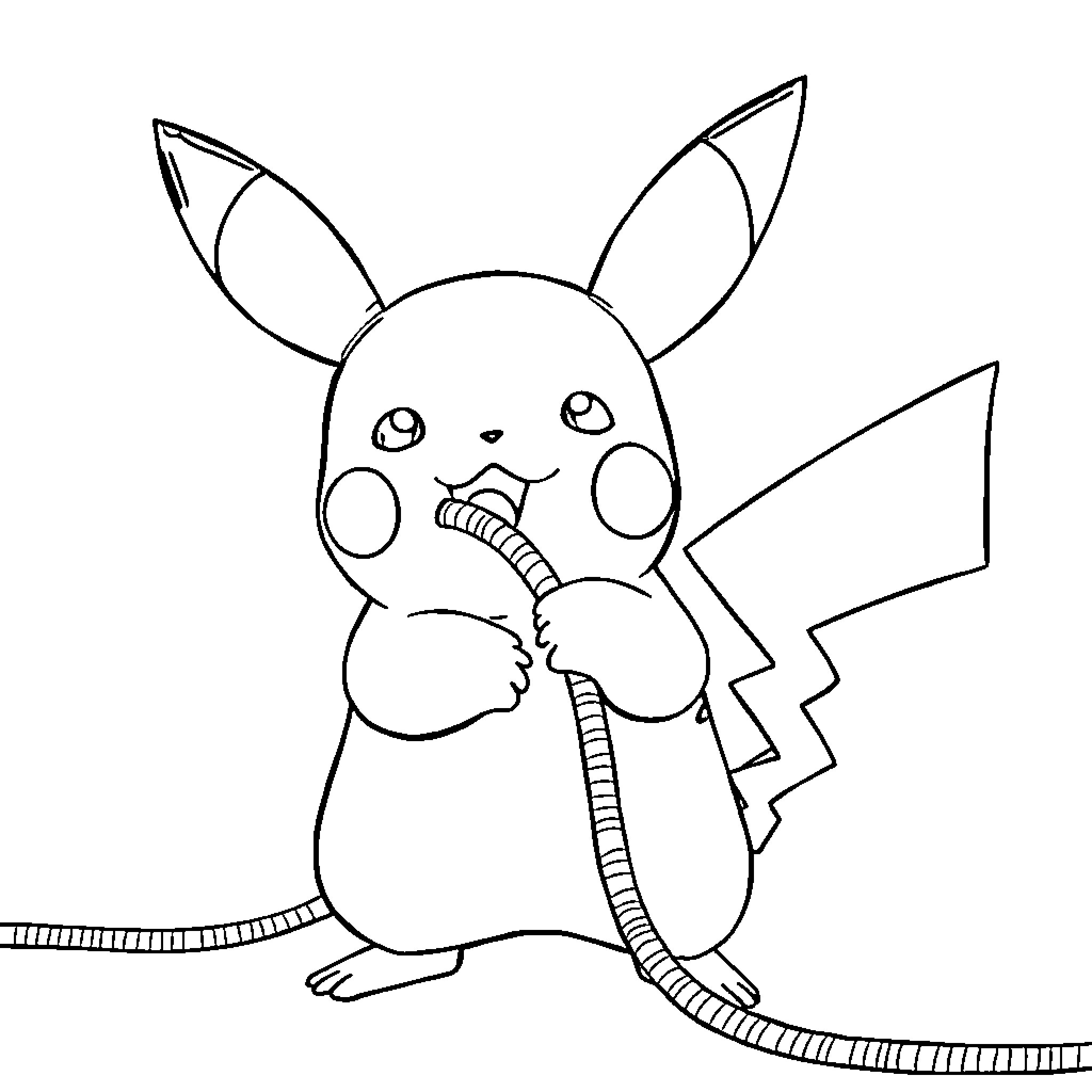 Pikachu playing with electric toy Coloring Page (free black-and-white line drawing printable PDF for all, from beginners to advanced learners, including children, teens, adults, and seniors)
