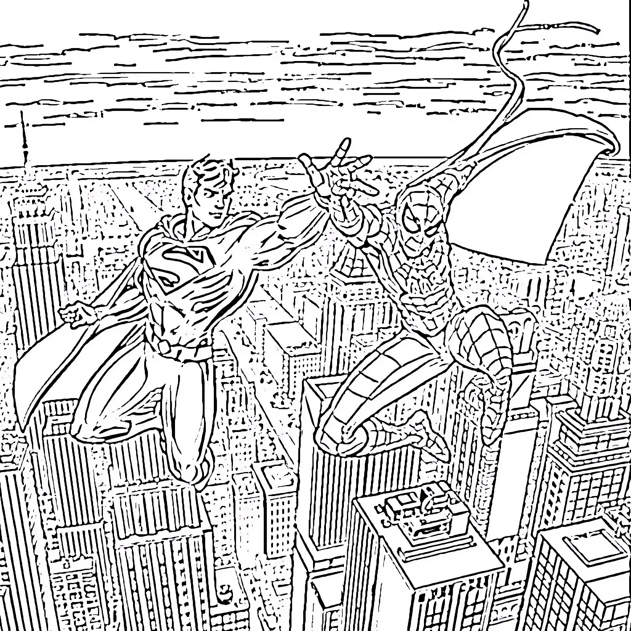 Superman and Spider-Man saving the city together Coloring Page (free black-and-white line drawing printable PDF for all, from beginners to advanced learners, including children, teens, adults, and seniors)