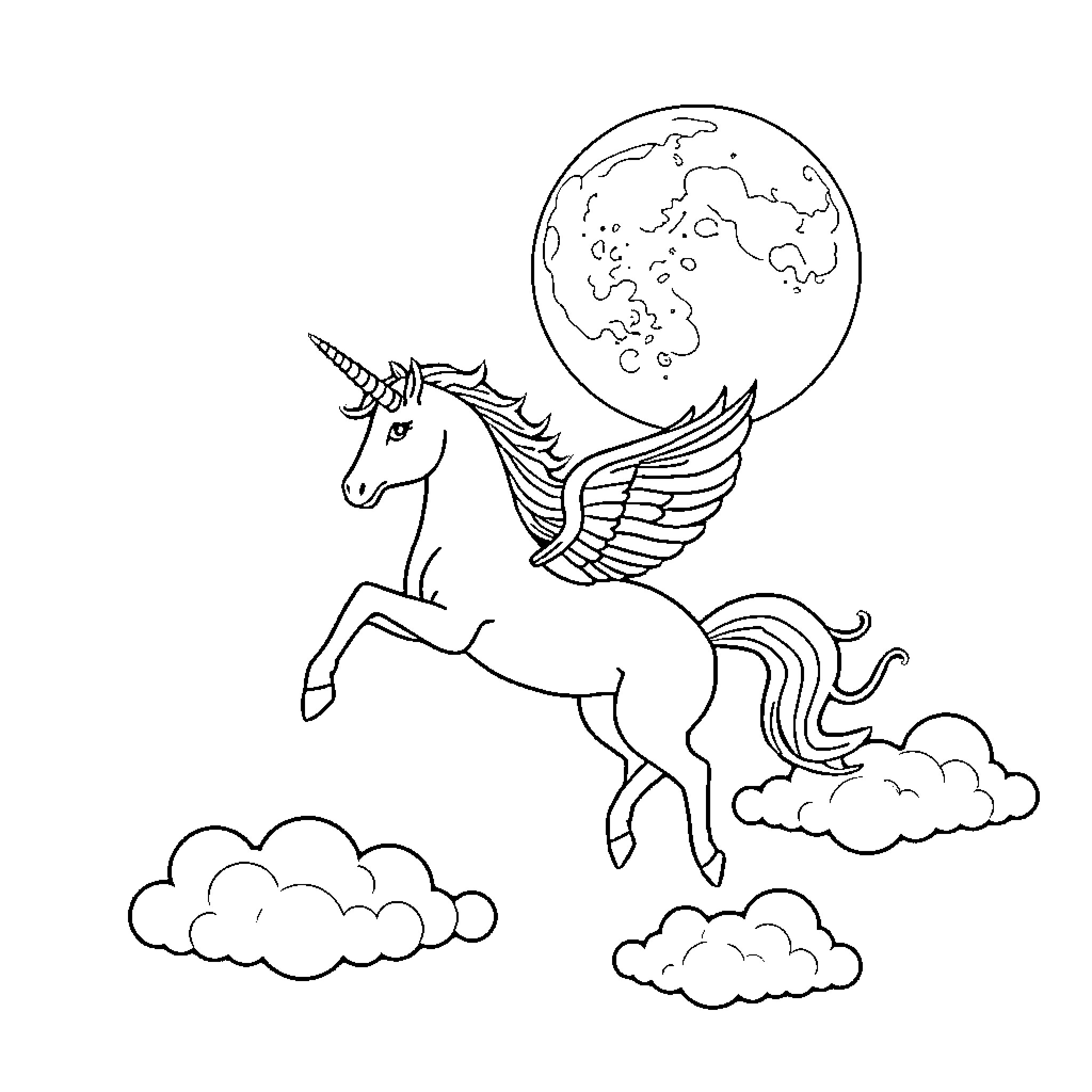 Unicorn soaring through the starry night sky Coloring Page (free black-and-white line drawing printable PDF for all, from beginners to advanced learners, including children, teens, adults, and seniors)